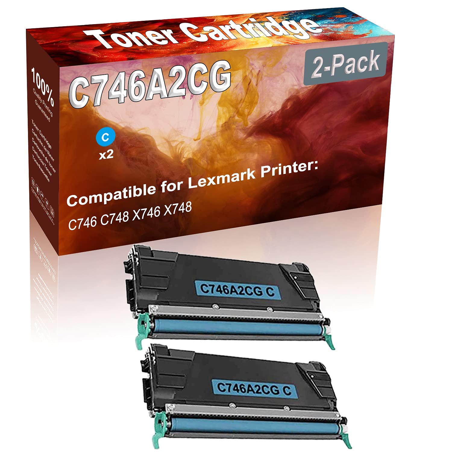 2-Pack High Yield Cyan Laser Toner Cartridge - Compatible with HP C746 C748 X746 X748 (Replacement for C746A2CG) - Perfect for Office Printing & High Volume Documents