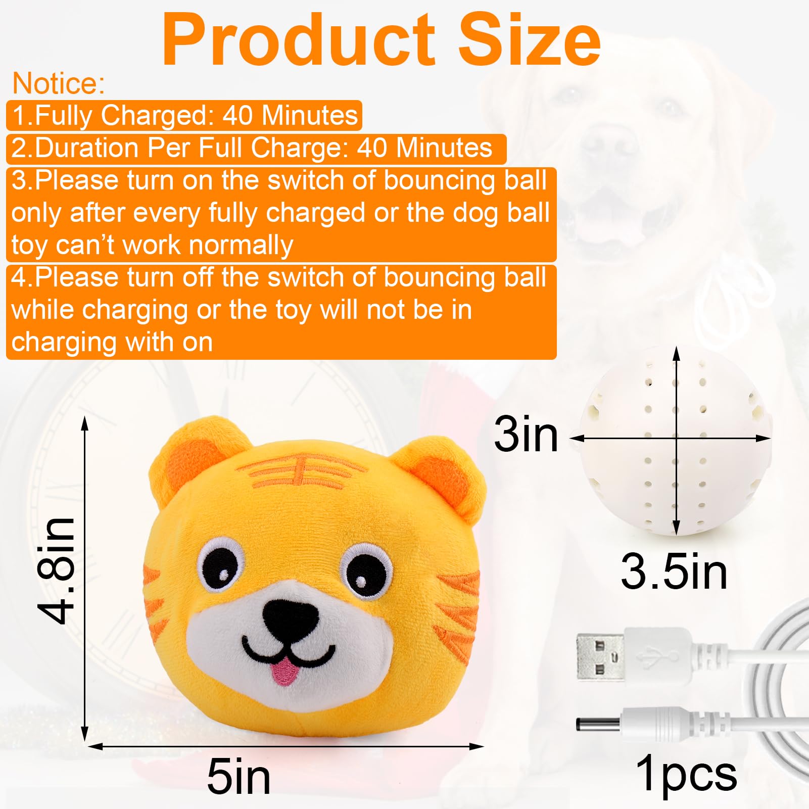 Interactive Dog Toys for Small Medium Large Dogs - Squeaky Moving Ball with Chewable Plush Cover & Music, Active Pet Toy for Chasing & Play (Tiger Pattern) - Perfect for Indoor/Outdoor Playtime & Training