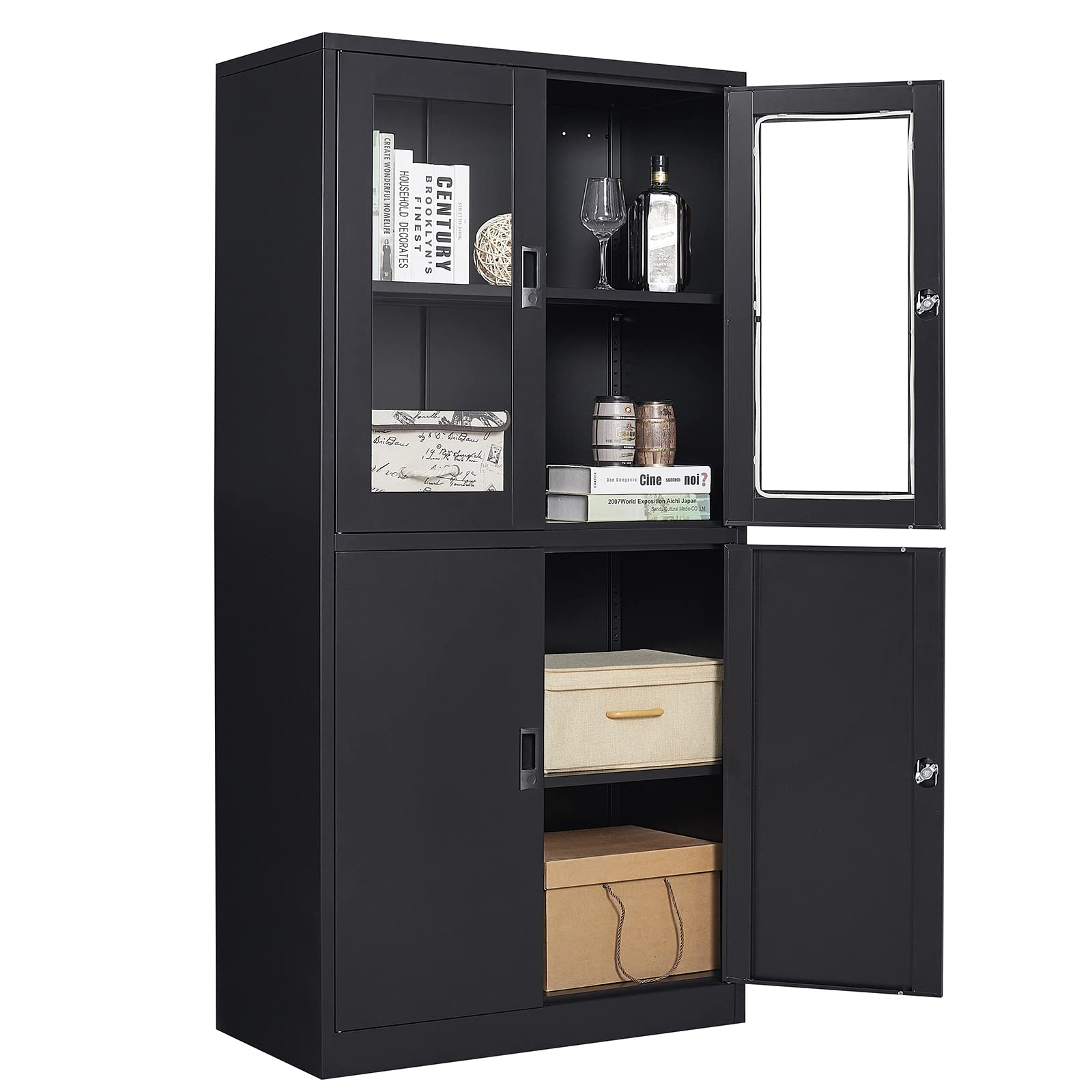 Locking Metal Storage Cabinet with Tempered Glass Door - Secure Steel Display Cabinet for Office, Kitchen Pantry & Utility Storage | Durable Lockable Hutch for Documents, Supplies & Valuables