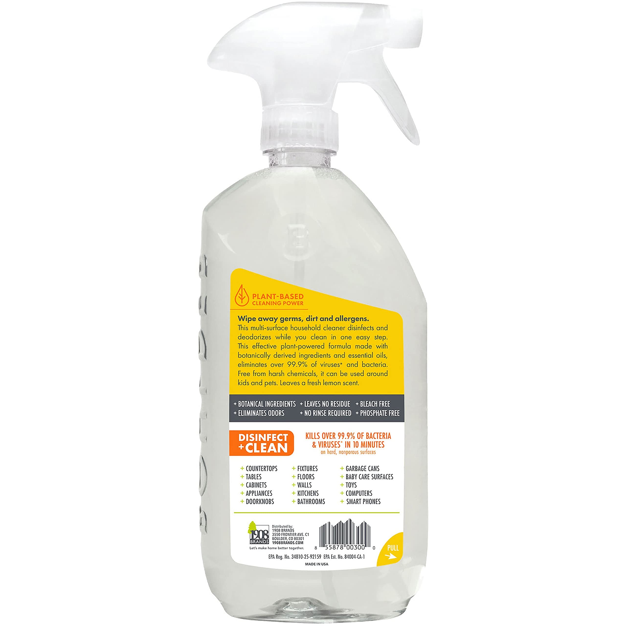 Boulder Clean Disinfectant Cleaner - EPA Approved Multi-Surface Disinfectant Spray for Home, Office & Gym Use | Kills 99.9% Germs & Viruses | Safe for Kids & Pets | Lemon Scent