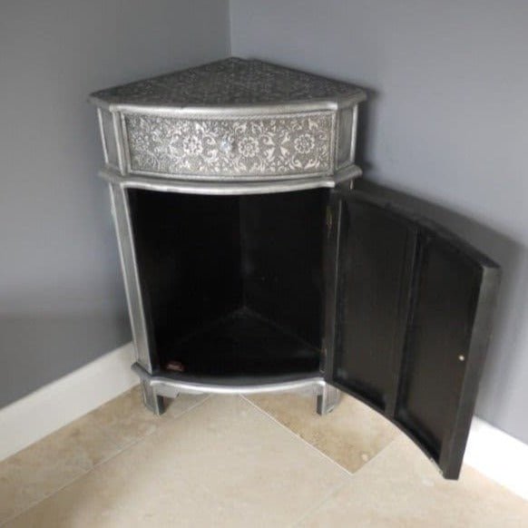 Handmade Blackened Silver Embossed Patterned Metal Corner Cabinet with Door & Drawer - Perfect for Living Room, Bedroom, or Office Storage