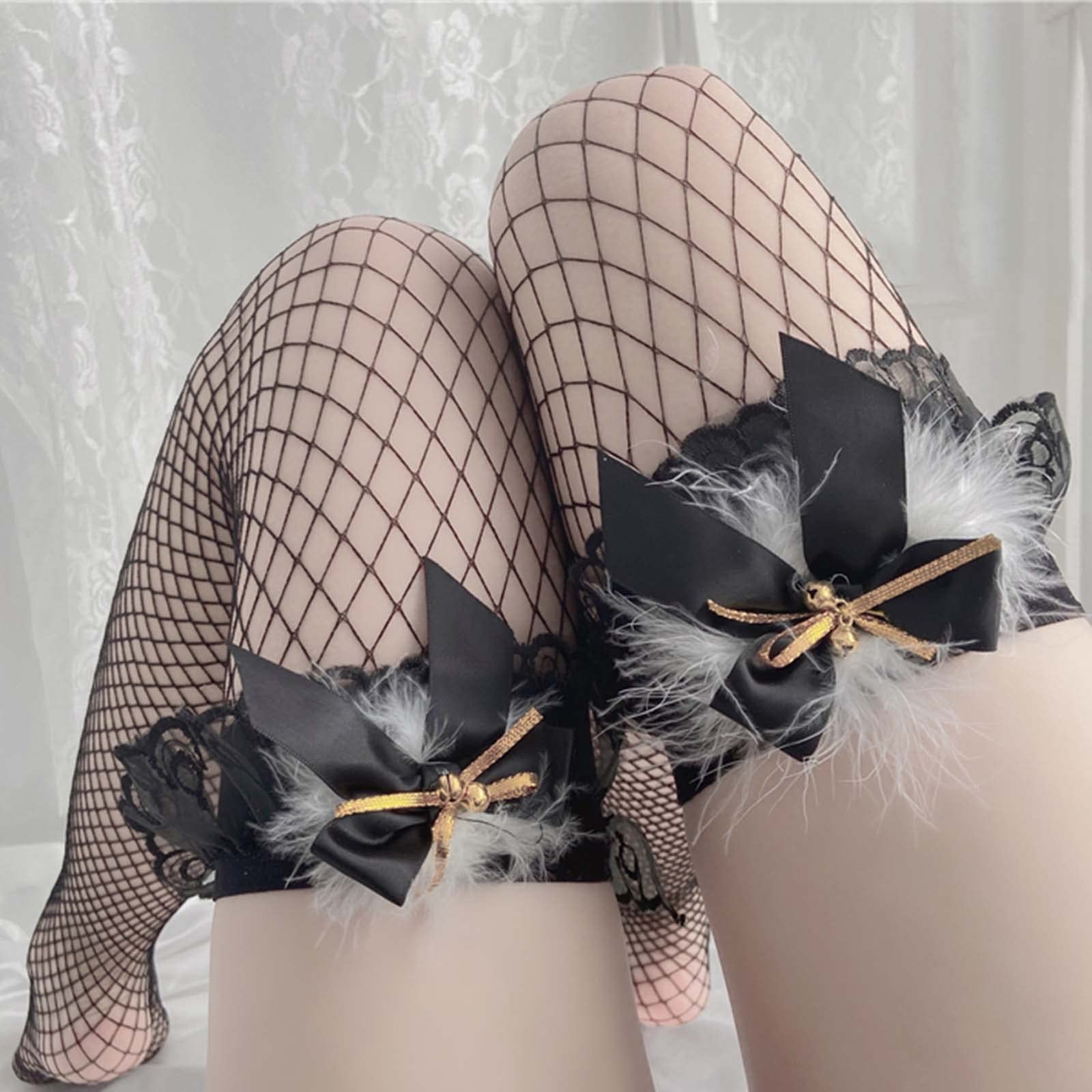 Olbye Women's Fishnet Thigh High Stockings - Stay Up Lace Top Tights, Mesh Bells Sexy Socks for Christmas, Party, Cosplay & Night Out