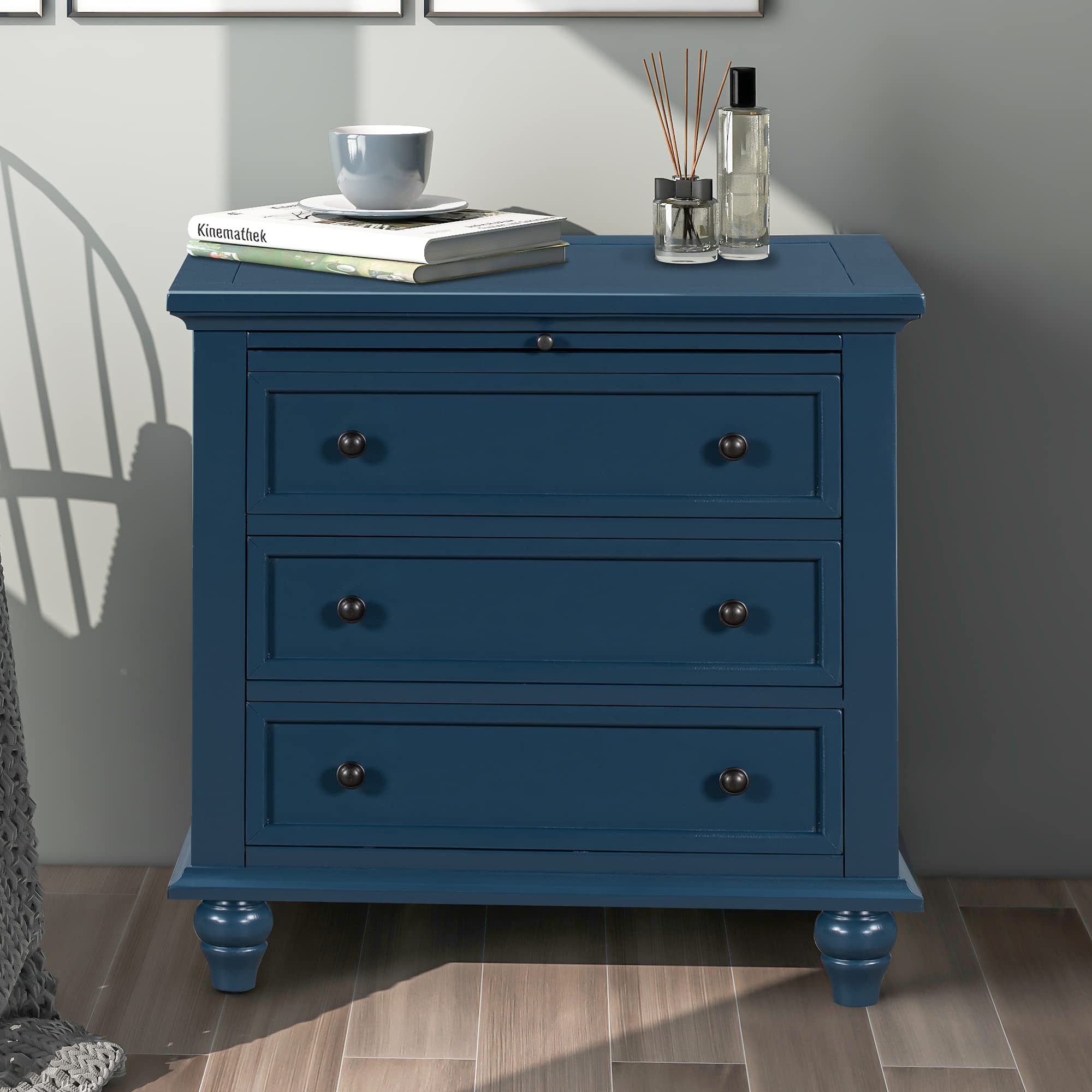 Modern 3-Drawer Wood Storage Cabinet - Sofa Table, Console Table & End Table with Pull-Out Tray - Entryway, Living Room & Bedroom Accent Furniture (Blue) - Perfect for Small Space Organization & Home Decor