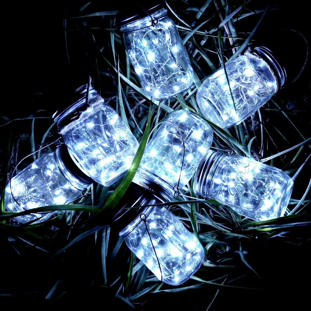 SmilingTown Solar Mason Jar String Light Lids - 12 Pack with 30 LED Fairy Firefly Lights, 12 Hangers & Waterproof Design for Outdoor Garden, Patio, Lawn & Tree Decor (Cool White) | Perfect for Weddings, Parties & Backyard Ambiance