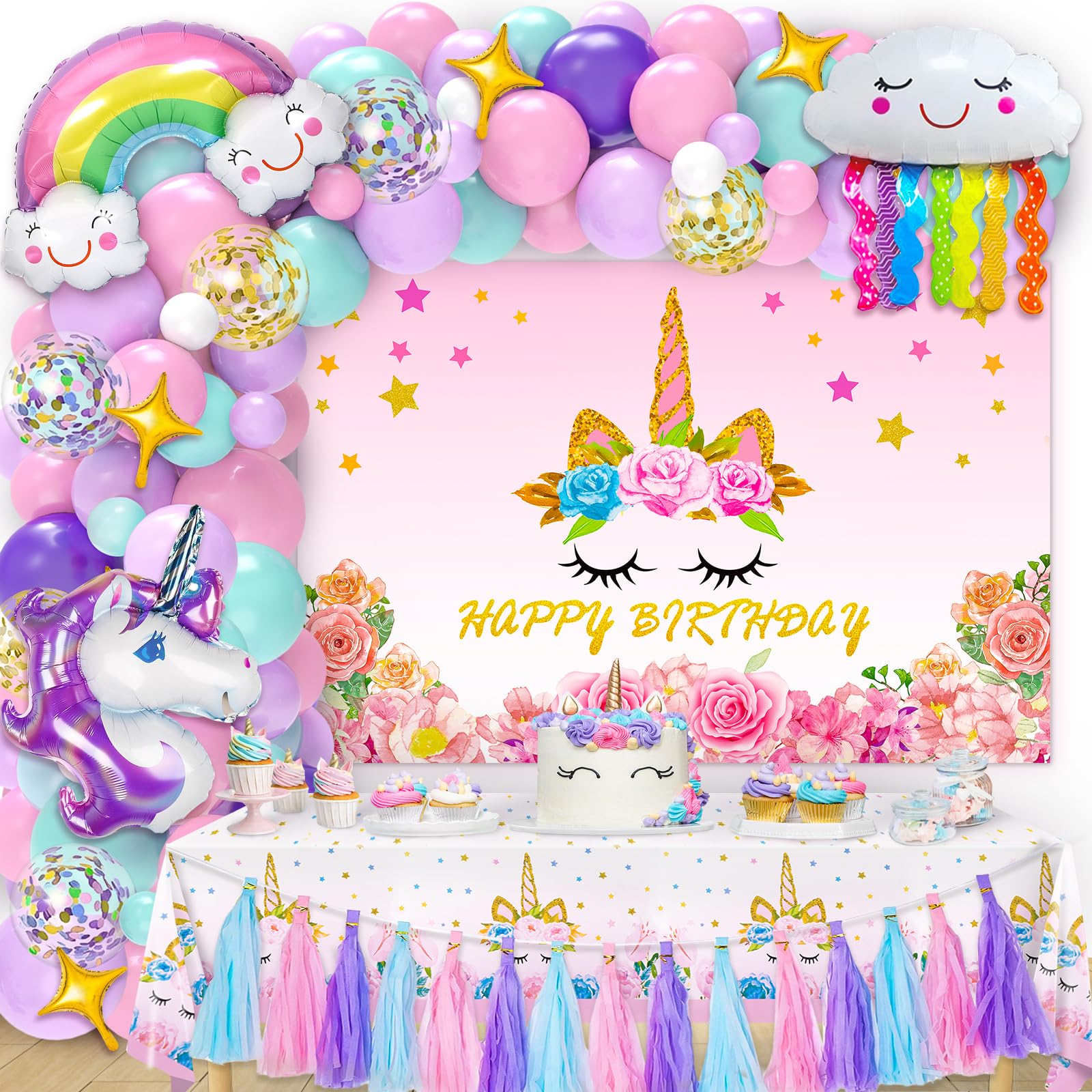 Magical Unicorn Birthday Party Decorations Kit for Girls - Includes Backdrop, Balloon Arch, Tablecloth | Perfect for Kids' Birthday Parties, Baby Showers & Themed Events