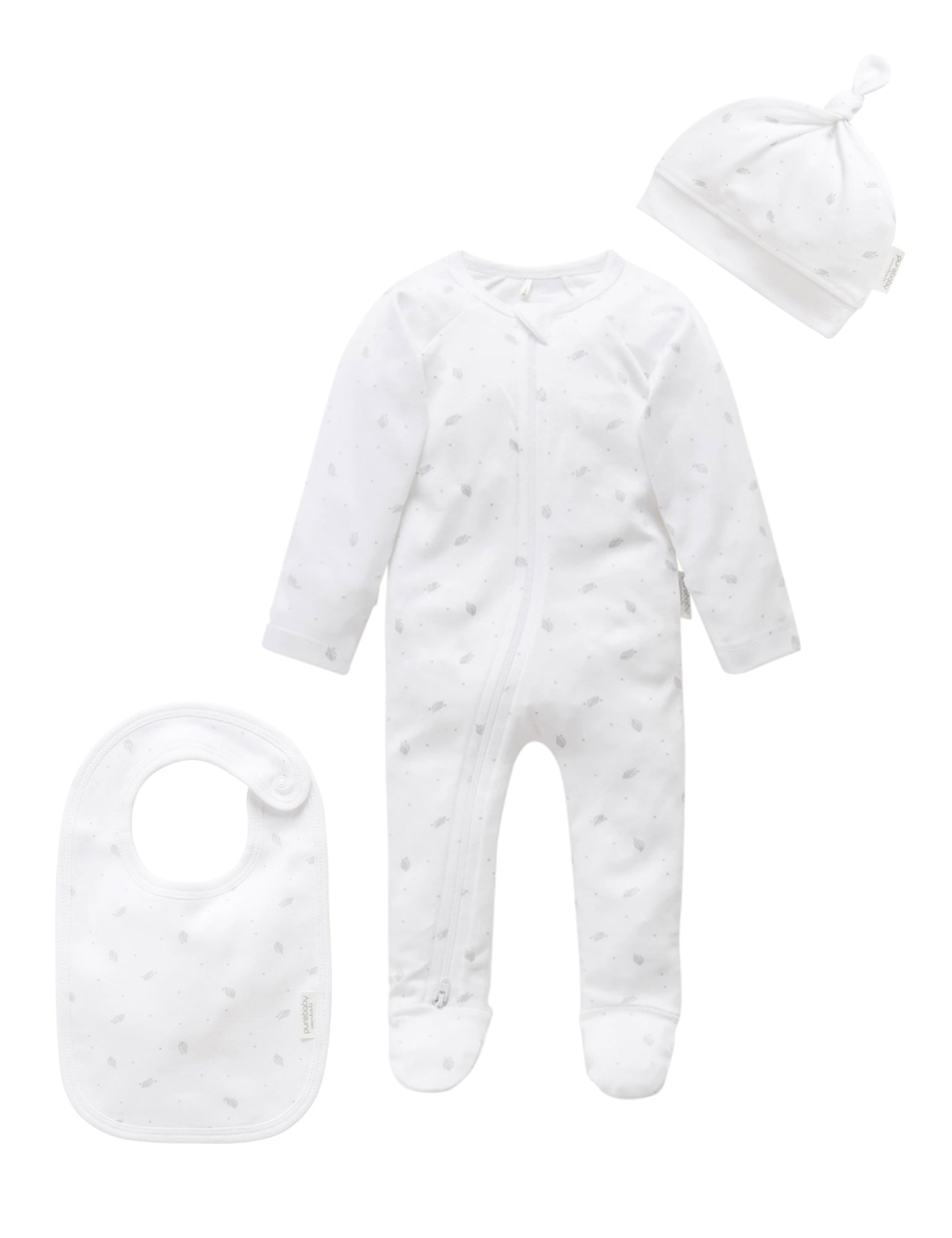 Purebaby Organic 3-Piece Baby Clothes Set - Soft Grey Leaves & Spots Pattern | Newborn & Infant Outfit for Playtime & Photo Shoots