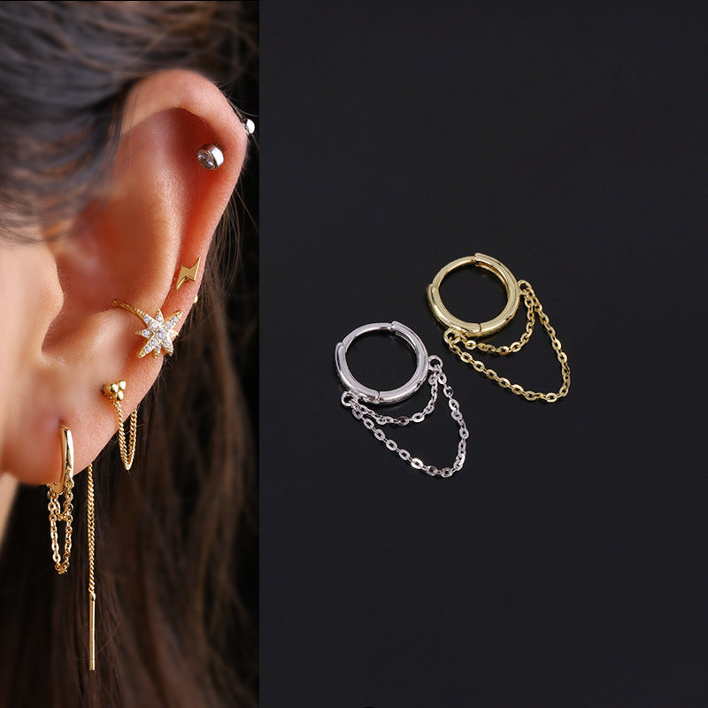 S925 Silver Cartilage Hoop Earrings with Gold Tassel & Chain Design - Trendy Minimalist Ear Cuff for Women | Perfect for Daily Wear, Parties & Gifts | HSPJ501