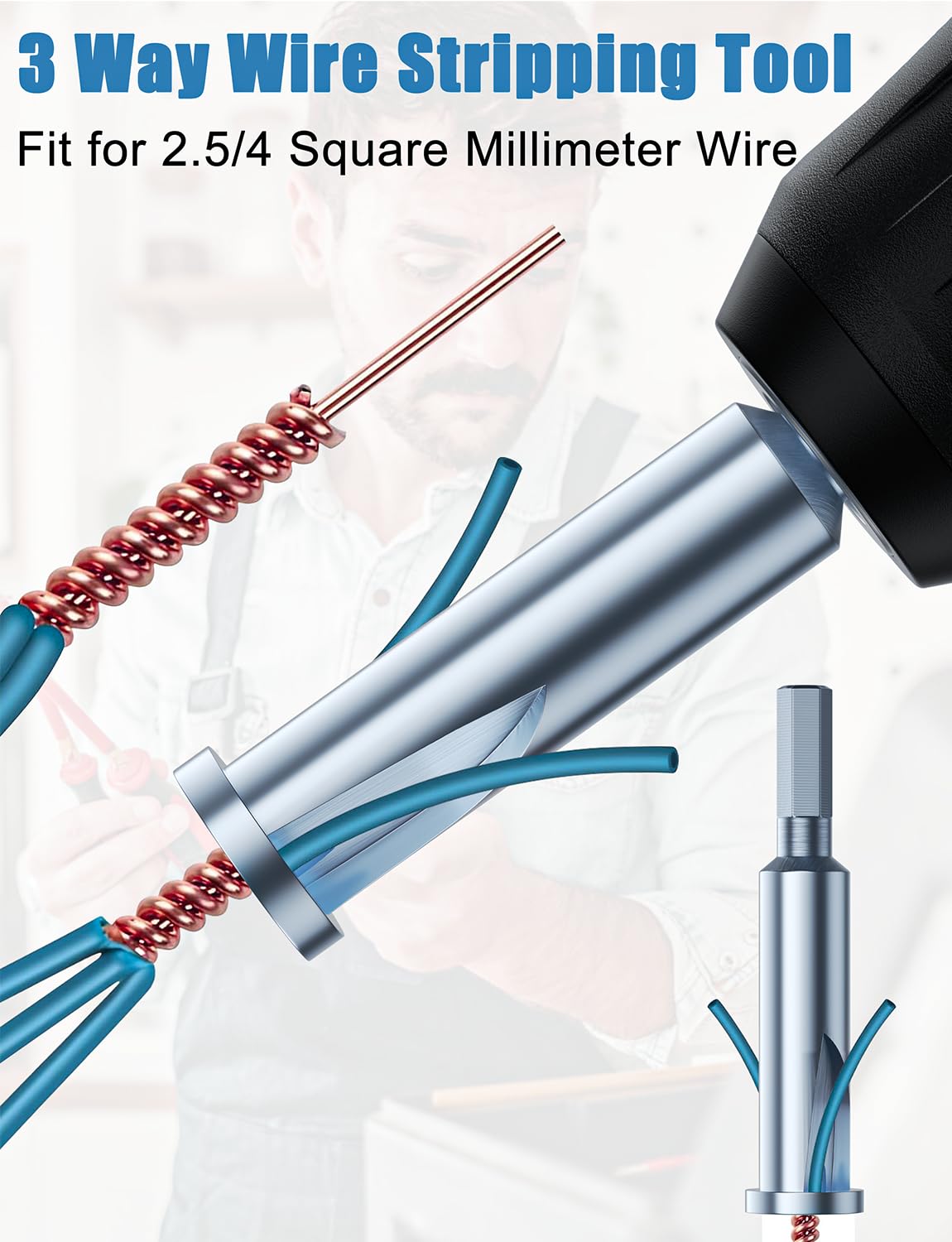 3-Way & 5-Way Drill-Powered Wire Stripper and Twister Tool Set - Electrical Wire Stripping & Nut Twisting Bits for Power Drills (3-Piece) - Perfect for Electricians, DIY Home Wiring & Electrical Projects