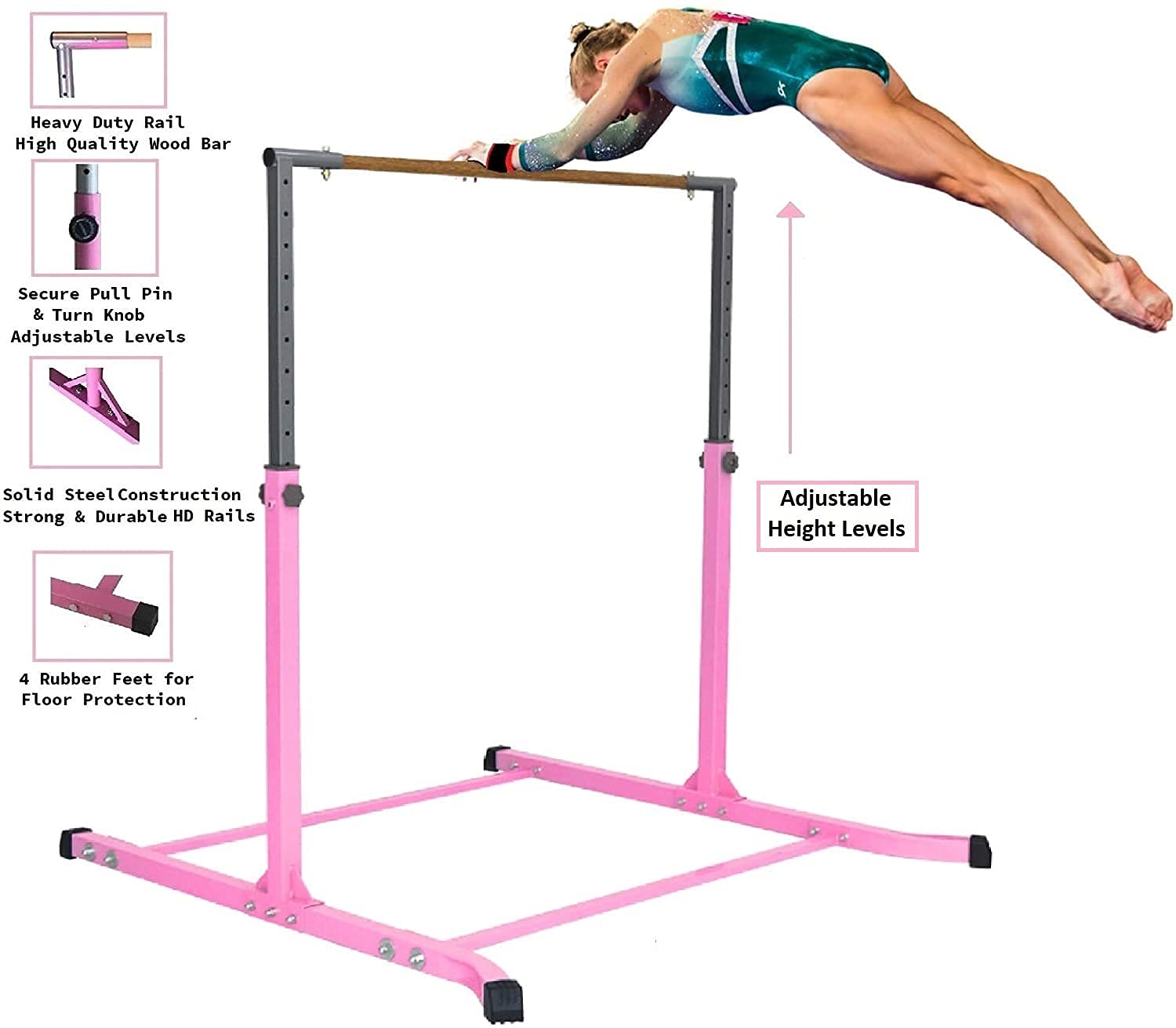 ToyKraft Adjustable Gymnastics Bar for Kids & Adults - Pink Horizontal Kip Bar for Home Training, Strength Exercise & Gymnastics Practice - Perfect for Indoor/Outdoor Use in Playroom, Backyard or Gym