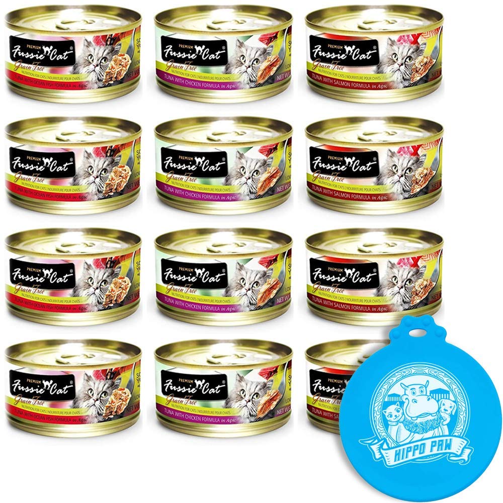 Fussie Cat Premium Wet Food Variety Pack - 12 Cans (4 Tuna with Chicken, 4 Tuna with Salmon, 4 Tuna with Ocean Fish) 2.8oz - Includes Hippo Paw Silicone Can Cover - Perfect for Indoor Cats, Multi-Cat Households & Travel Feeding