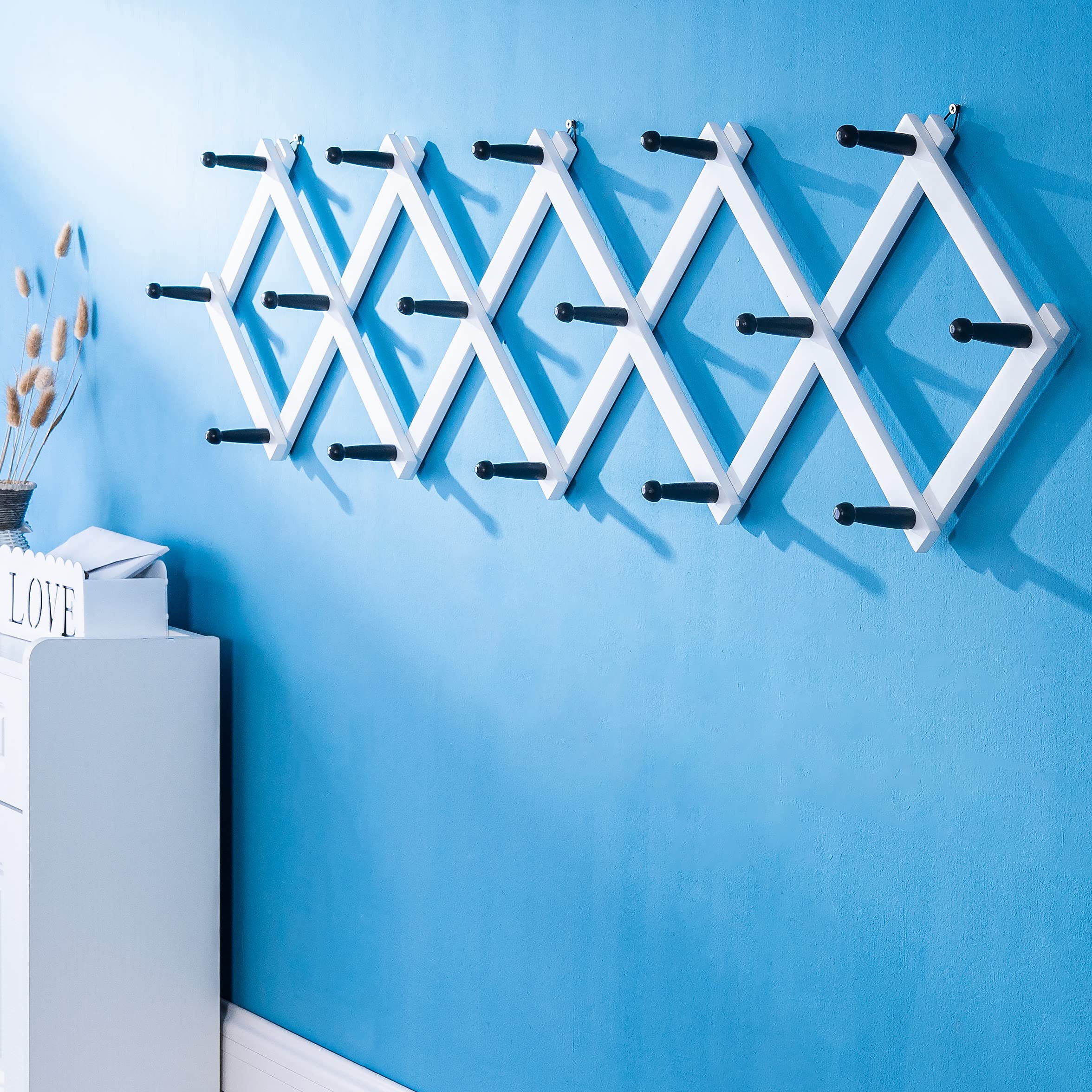 SKOLOO 16-Peg Expandable Wall Mounted Coat Rack - Solid Wood Modern Hat & Jacket Hanger (Black on White) - Perfect for Entryway, Bedroom & Small Space Organization