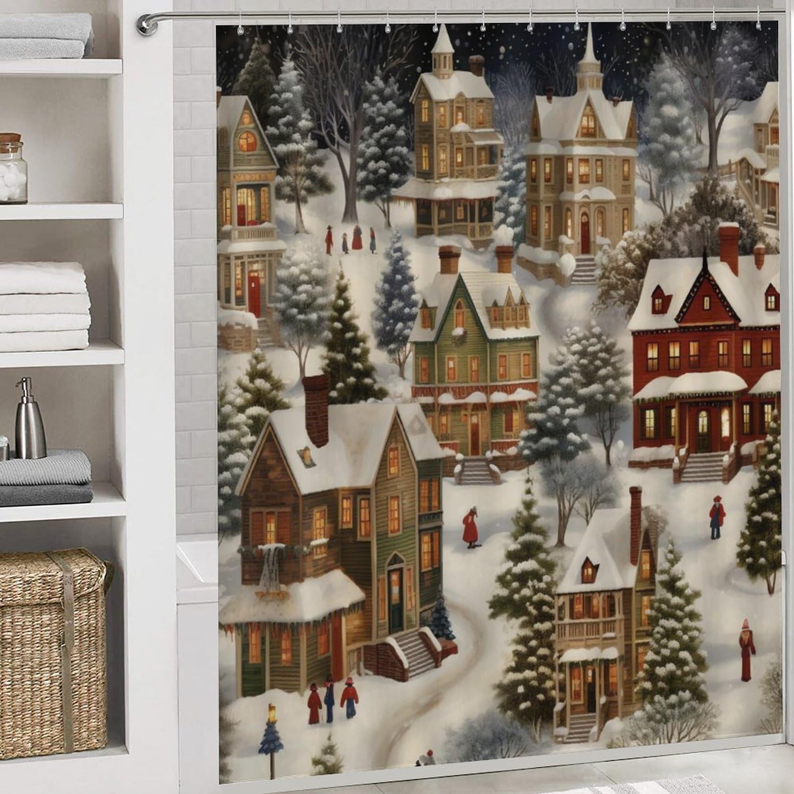 Victorian Christmas Village 4-Piece Bathroom Rug Set with Non-Slip Toilet Mat & Waterproof Shower Curtain - Holiday Winter Scenes Bath Decor for Festive Home Decoration (Perfect for Christmas Bathroom Makeover & Gift Giving)