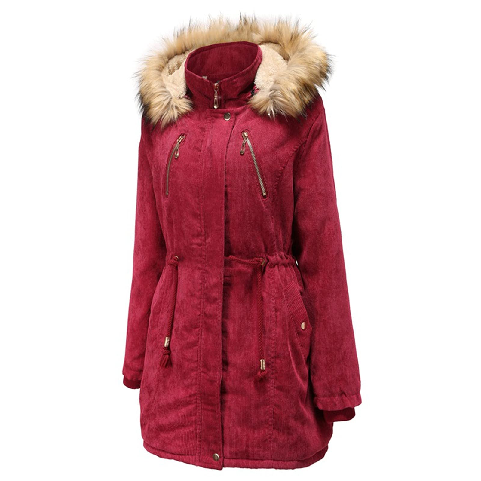Women's Mid-Length Winter Coat with Hood - Fleece & Cotton Padded Jacket, Warm Fur Collar, Solid Color | Cold Weather Outerwear for Daily Commute & Outdoor Activities