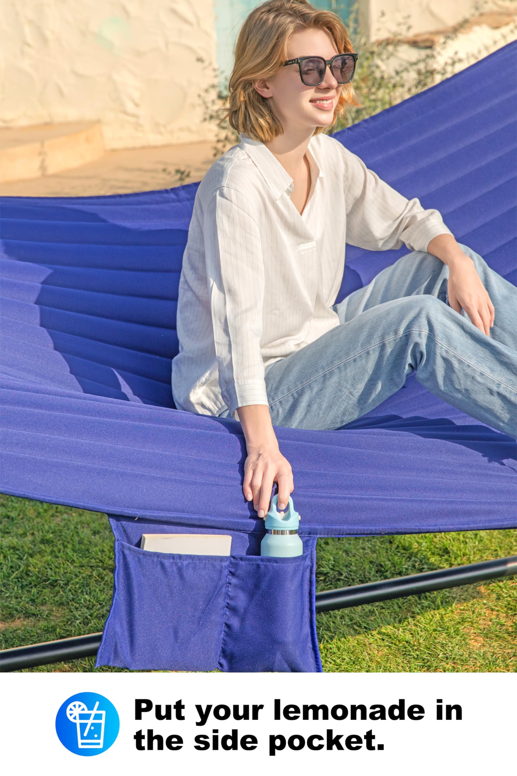 2 Person Heavy Duty Hammock with Steel Stand - 55 Inch Double Hammock for Outdoor, Backyard, Camping - Includes Removable Pillow & Storage Bag - Supports Up to 475 lbs (Navy Blue) - Perfect for Relaxing in Garden, Patio or Beach