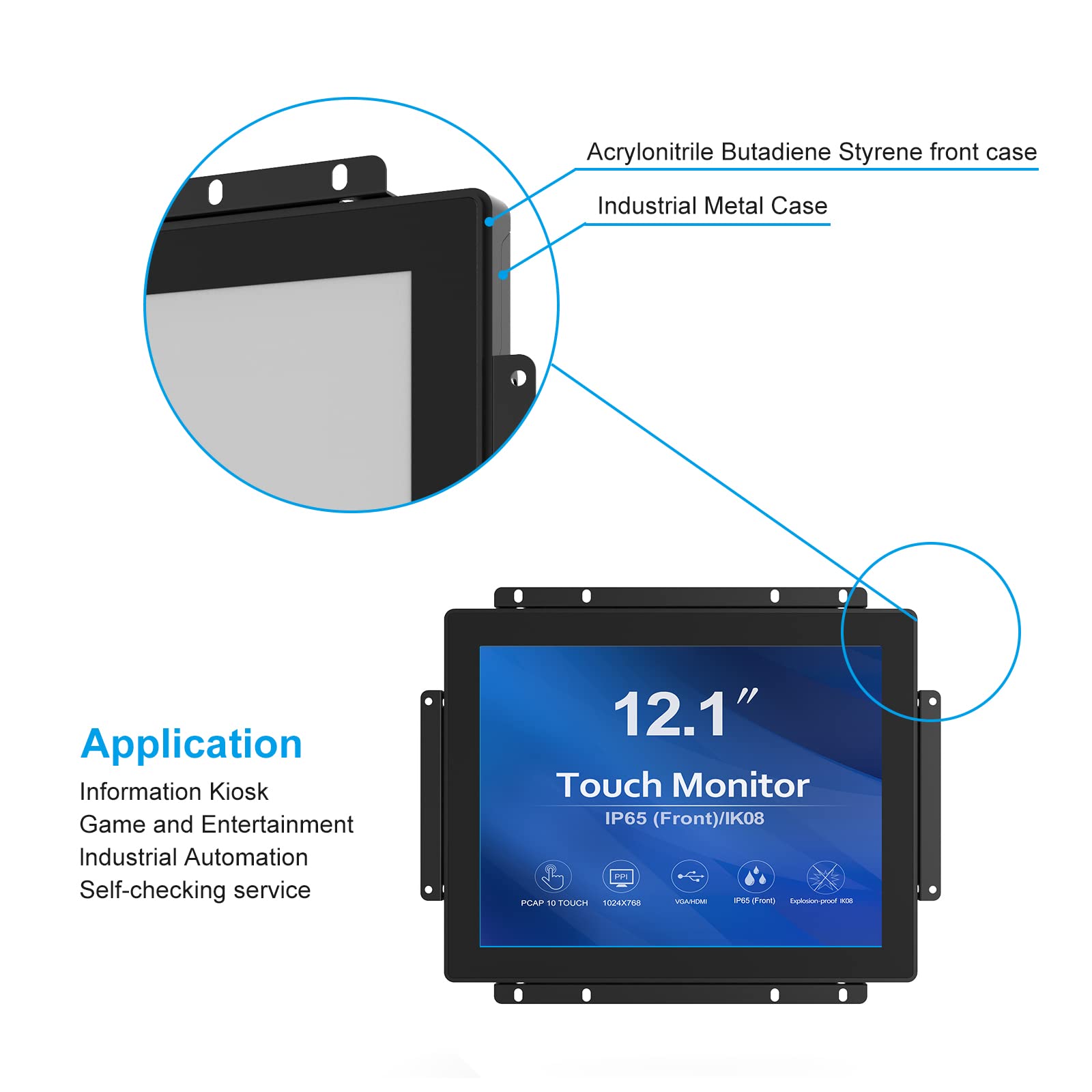 12.1 Inch 10-Point Touch Screen Monitor - IK08/IP65 Rated Open Frame Display with 1024x768 Resolution, Wall Mountable or Desktop Use for Industrial, Retail, and Kiosk Applications
