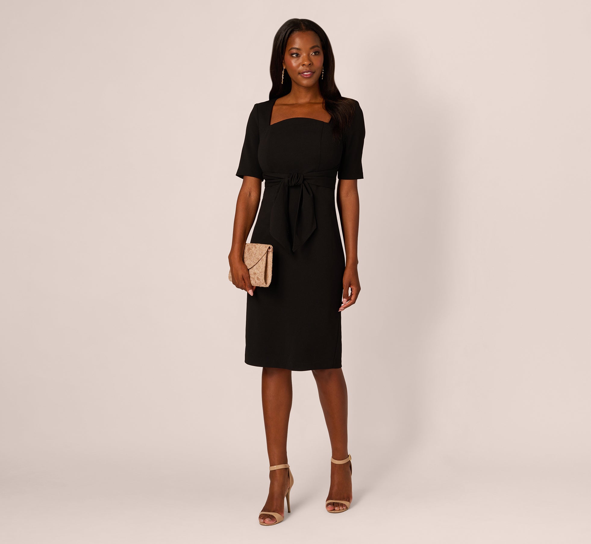 Black Three Quarter Sleeve Trapeze Dress with Ruffle Mock Neck - Elegant Flowy Fit for Casual Outings, Date Nights & Office Wear