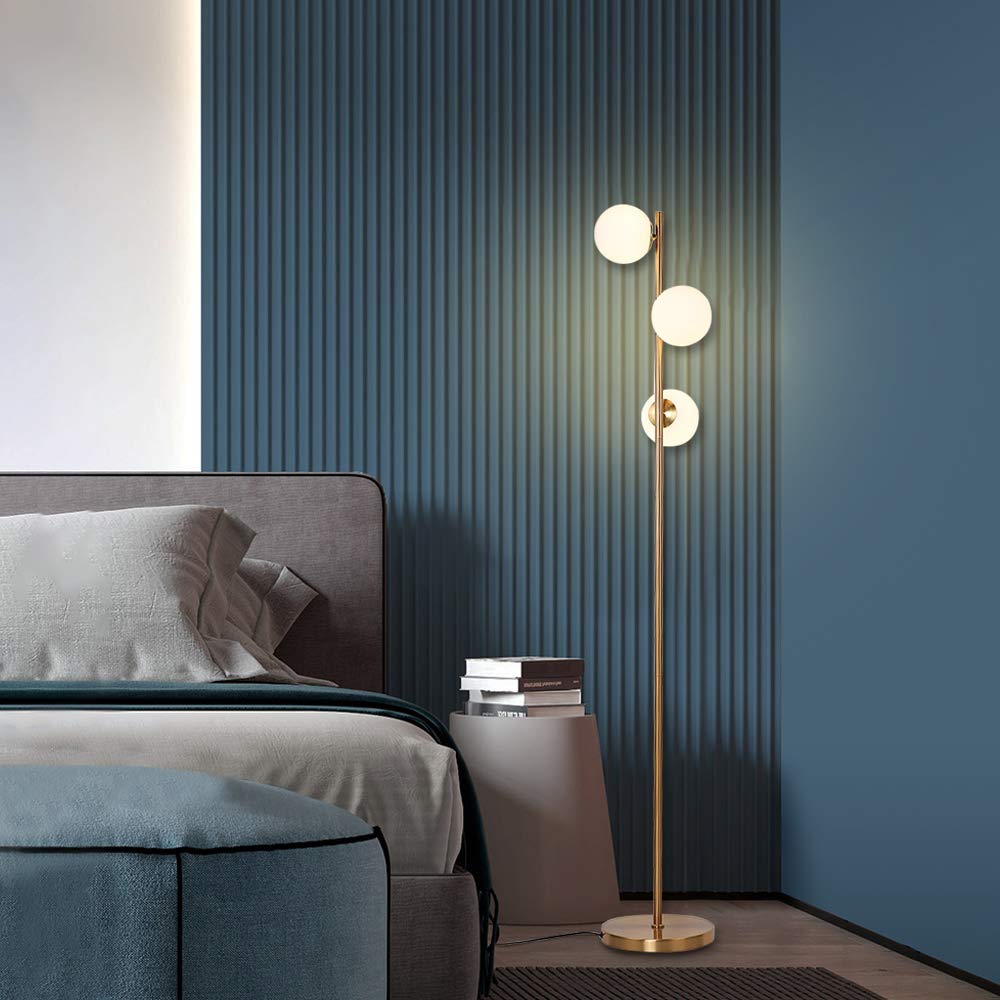 Modern 3-Globe LED Floor Lamp - Brushed Brass Standing Light for Living Room, Bedroom & Office | Bright Adjustable Lighting for Reading, Working & Relaxing