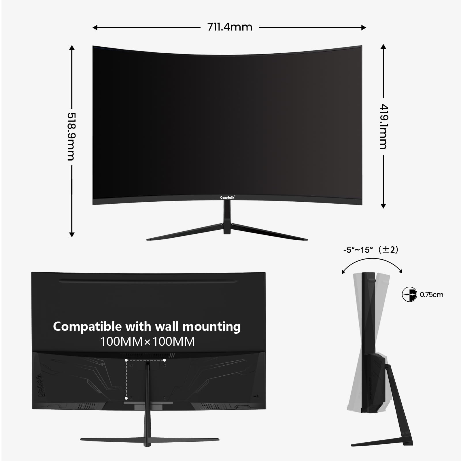 Gawfolk 32-inch 2K WQHD (2560×1440) 165Hz Curved Gaming Monitor - 1ms Response, AMD FreeSync, 100% sRGB, 178° Viewing Angle, HDMI/DisplayPort, VESA Mount - Perfect for PC Gaming, Esports & Home Office Setup - Black