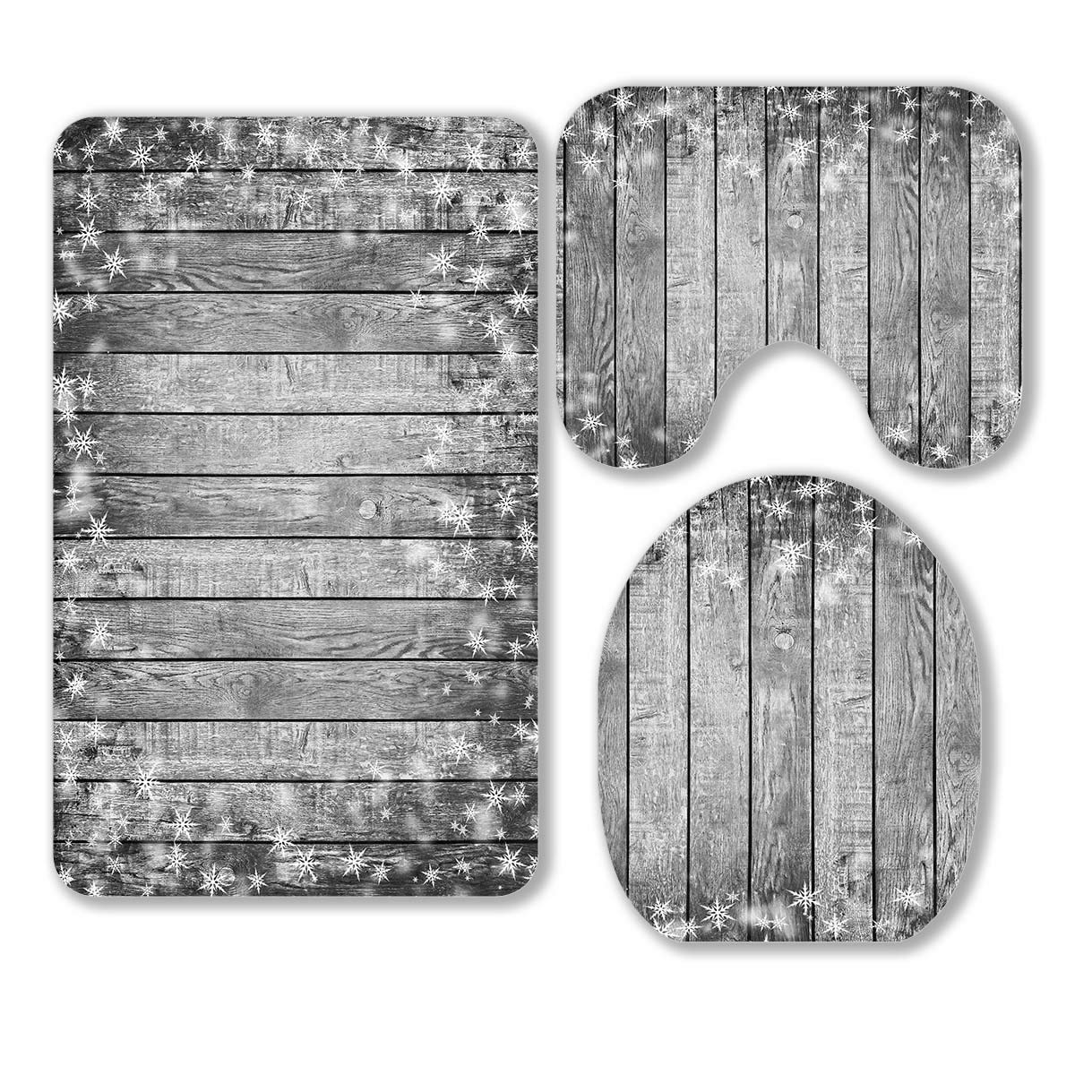 ECZJNT 3-Piece Brown Wood Texture Bathroom Rug Set with White Snow & Stars - Non-Slip Contour Mat & Toilet Lid Cover for Winter Home Decor