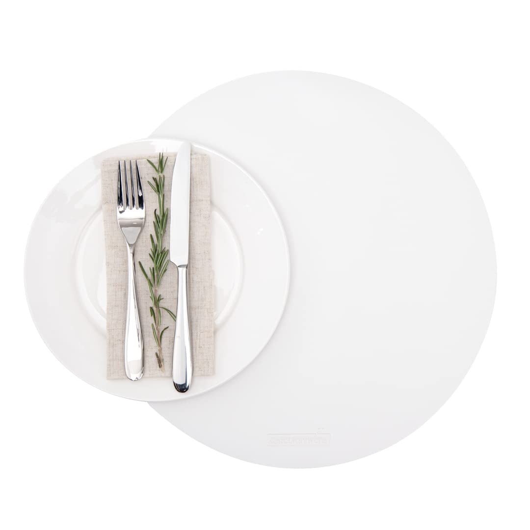 16 Inch Round Vinyl Placemats Set of 6 - Stain-Resistant White Table Mats with Embossed Leather-Like Texture for Dining Tables, Kitchen Countertops & Restaurants - Surface Protection & Easy Clean