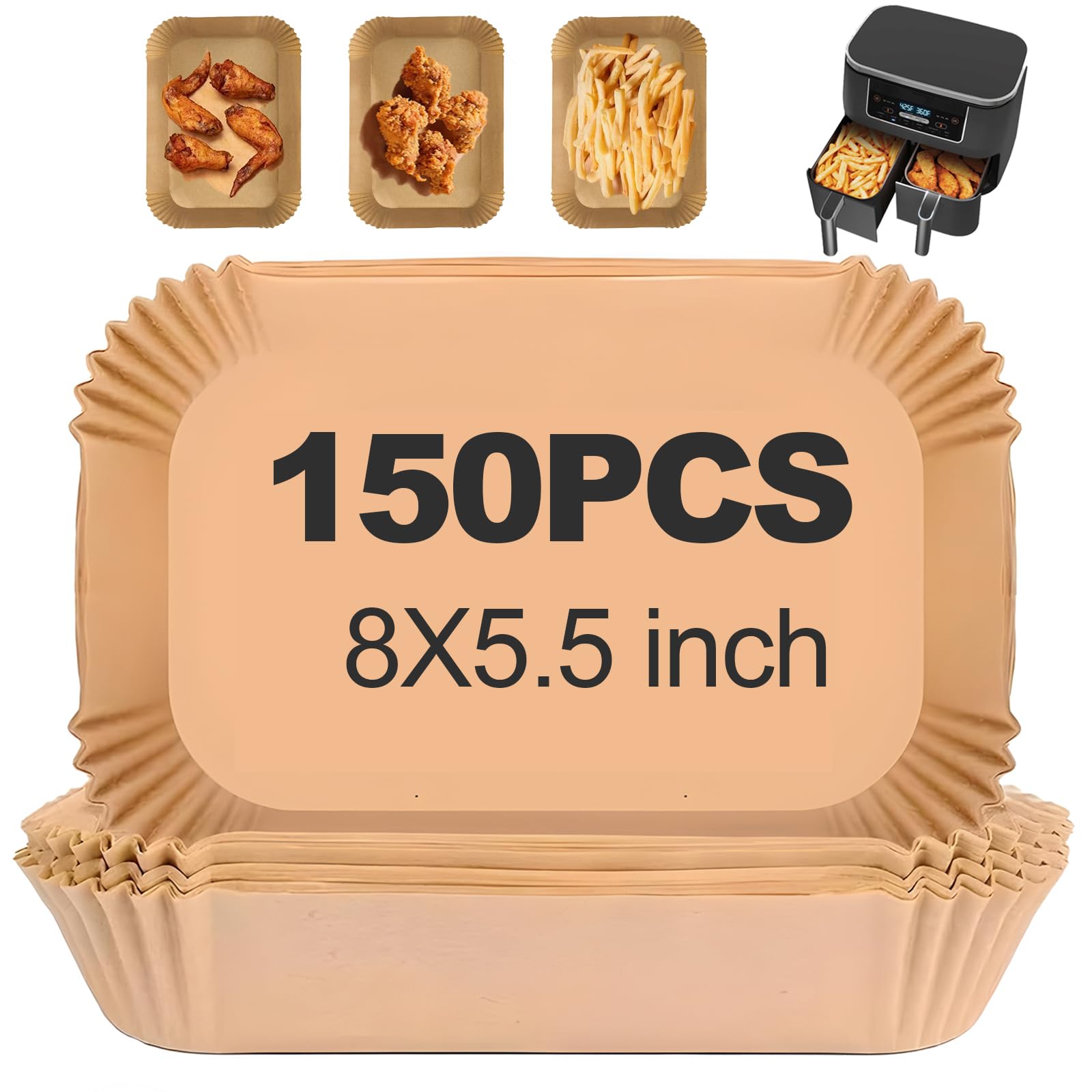 150-Pack Disposable Air Fryer Liners - 8x5.5 Inch Parchment Paper Sheets for Ninja Dual Air Fryer & Microwave Oven - Non-Stick, Greaseproof Baking Sheets for Healthy Cooking & Easy Cleanup - Perfect for Roasting, Baking, and Reheating Food