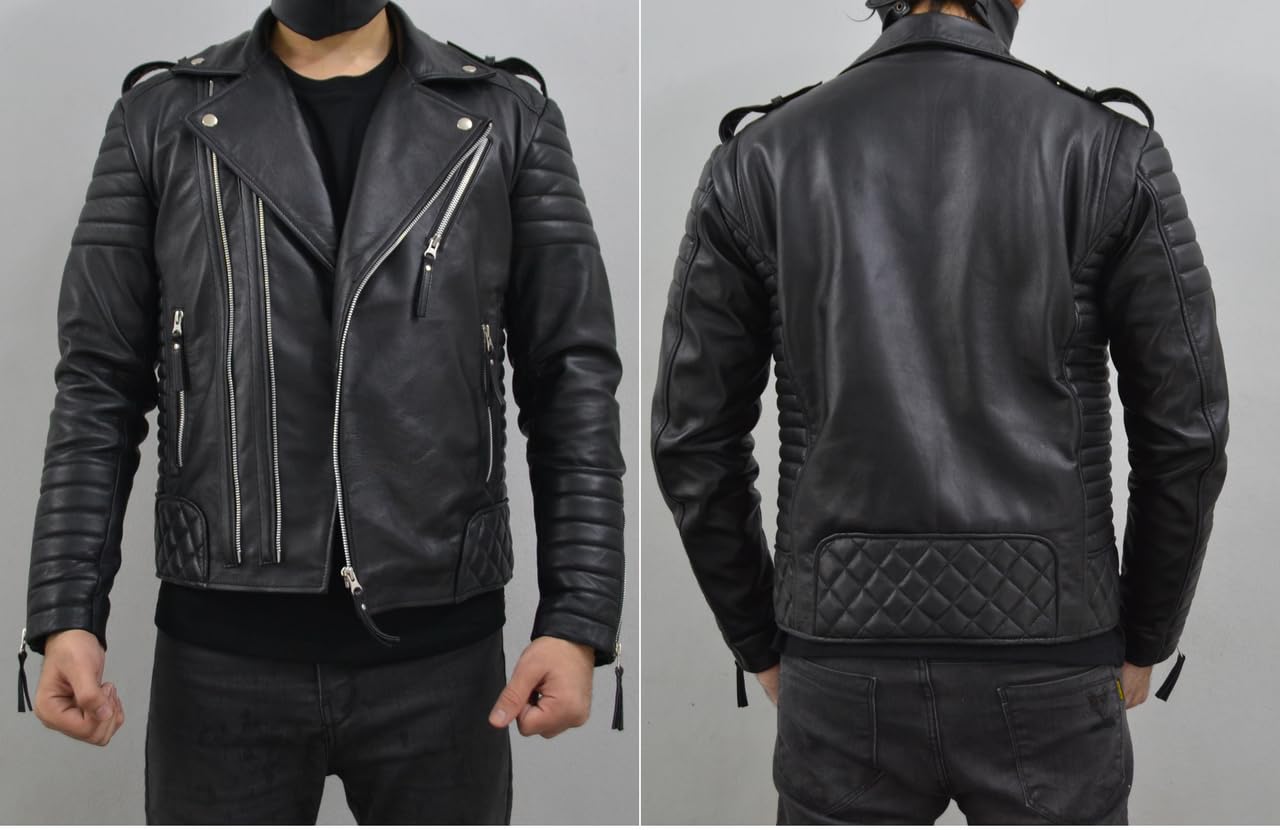 Men's Real Lambskin Leather Jacket - Slim Fit Biker Motorcycle Jacket for Men - Lightweight Black Leather Jacket for Riding, Casual Wear & Outdoor Adventures