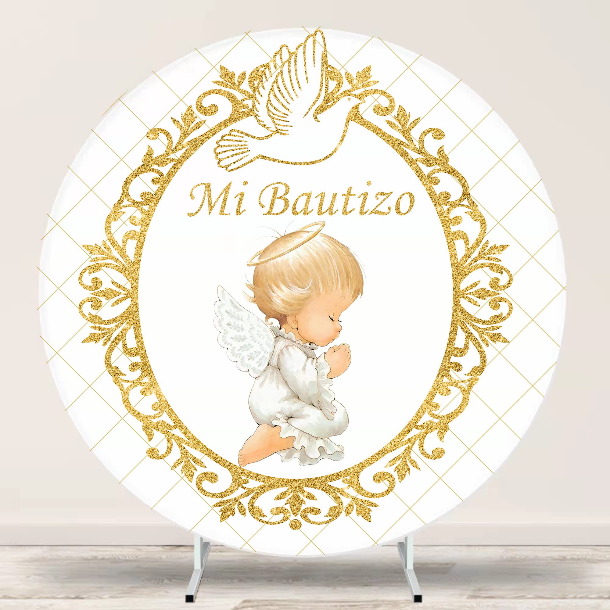 Vbttmp 6.5x6.5ft Golden Dove God Bless Round Backdrop - Perfect for Baby Baptism, Christening, First Holy Communion, and Angel Themed Parties - Photo Background for Religious Celebrations & Baby Showers
