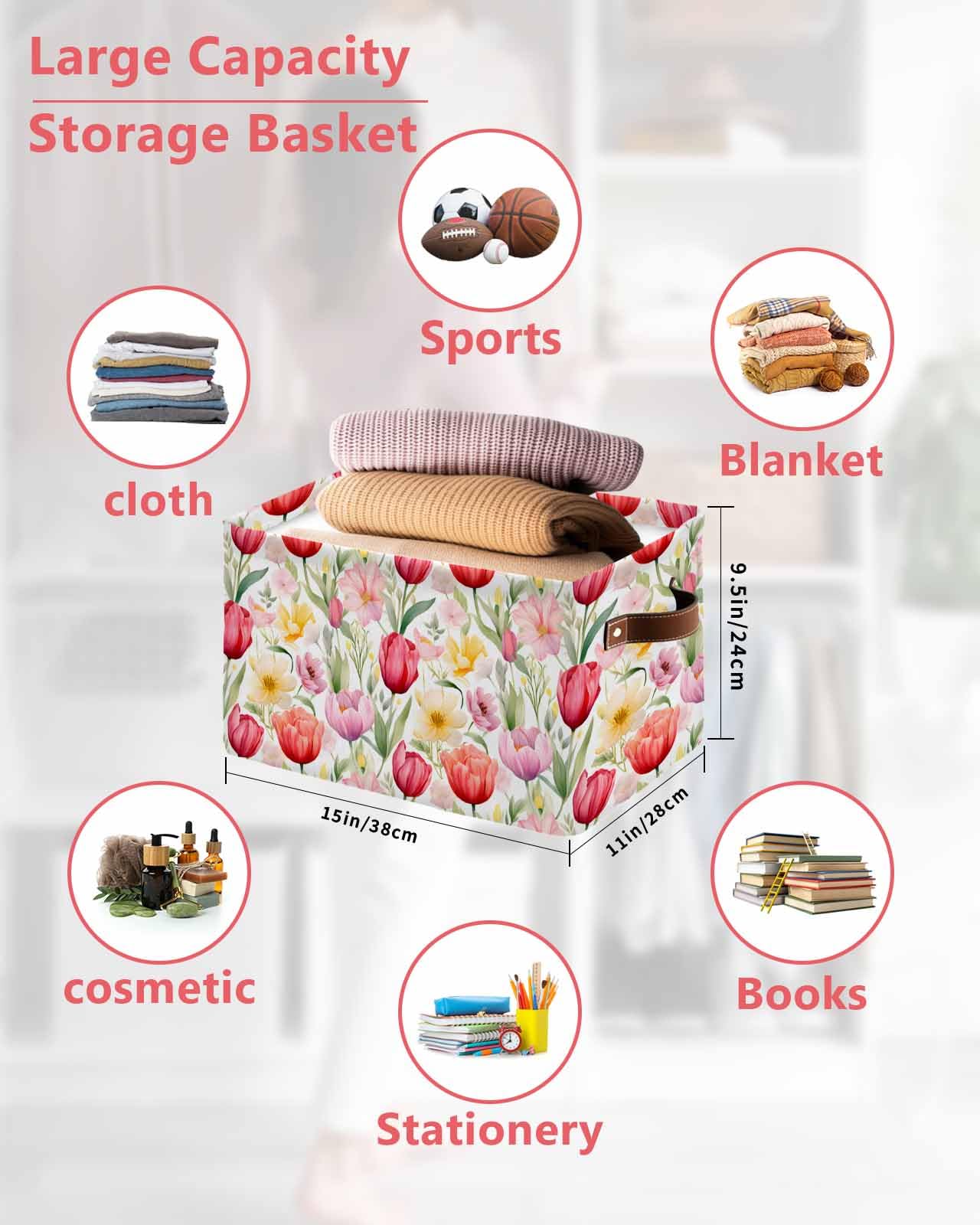 Large Collapsible Storage Bins with Handles - 2PCS Watercolor Botanical Storage Baskets with Spring Pink Red Tulip & Green Leaves Design, Foldable Cube Organizer for Shelves, Closet, Nursery, Laundry Room & Home Organization