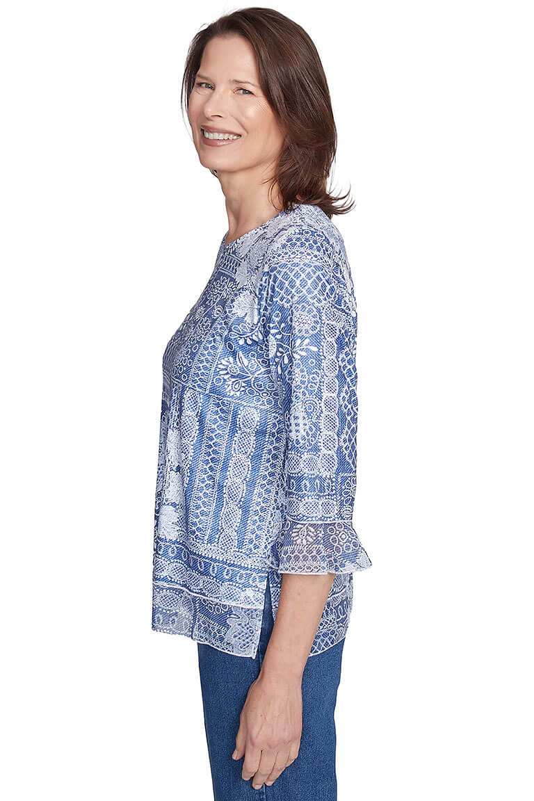 Flower Power Lace Printed Top Women's Fashion Blouse - Perfect for Spring Outfits, Date Nights & Casual Wear