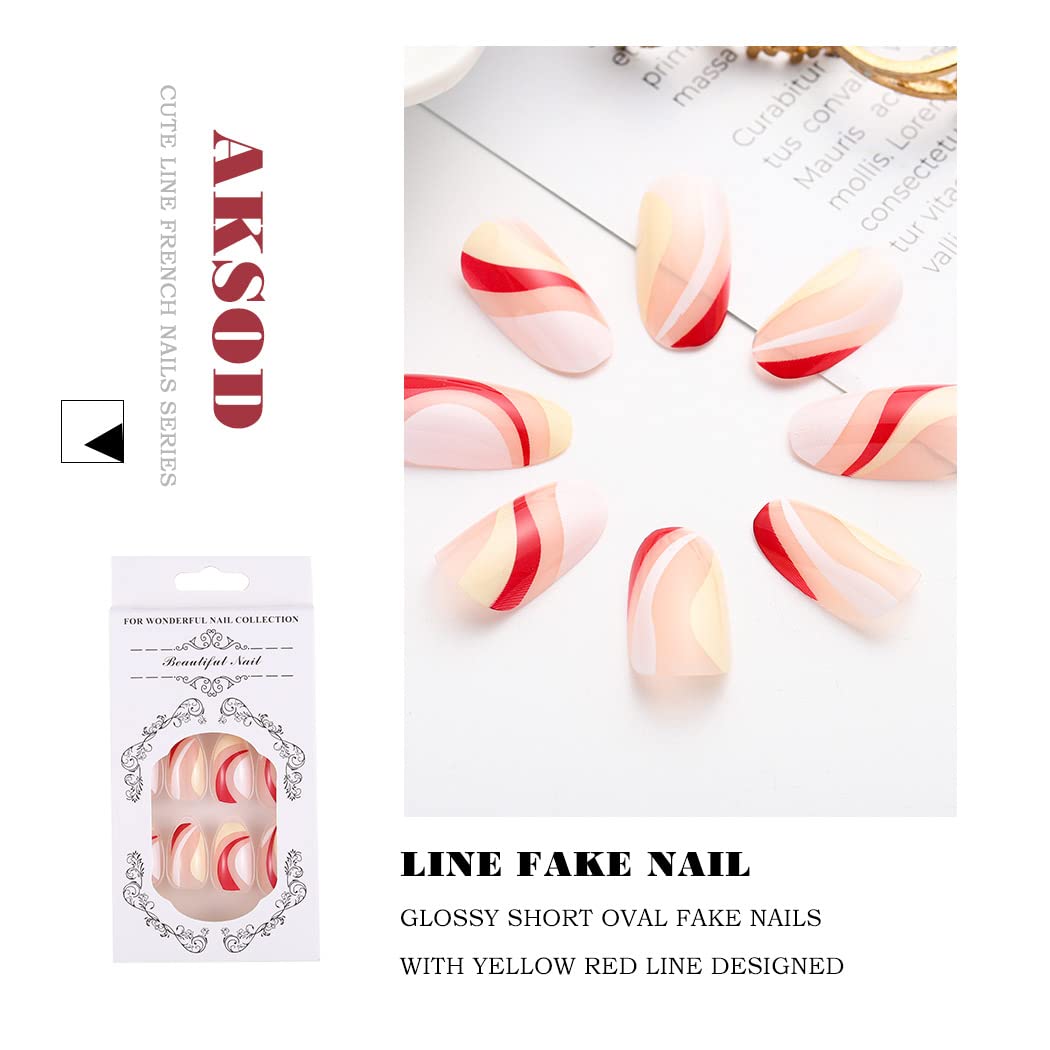 Short Almond Press on Nails - Glossy Pink Fake Nails with French Manicure Design & Abstract Swirl - 24Pcs Full Cover Stick on False Nails for Women - Perfect for Parties, Weddings & Daily Wear (Style D)
