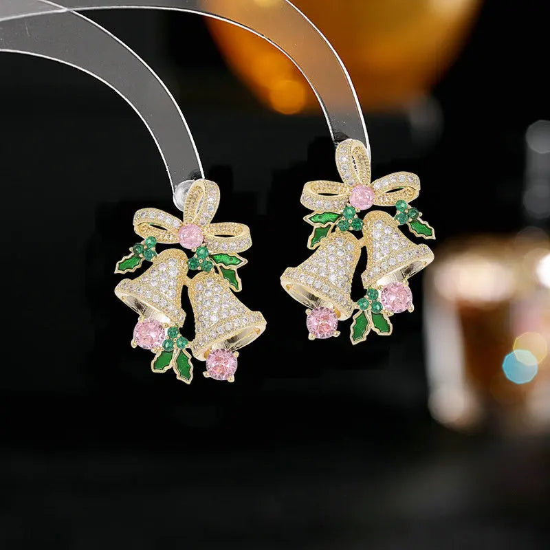Shiny Crystal Cubic Zirconia Bow Christmas Bell Earrings for Women - Elegant Holiday Jewelry Accessories - Perfect Christmas Gift for Her - Great for Parties, Weddings & Festive Occasions