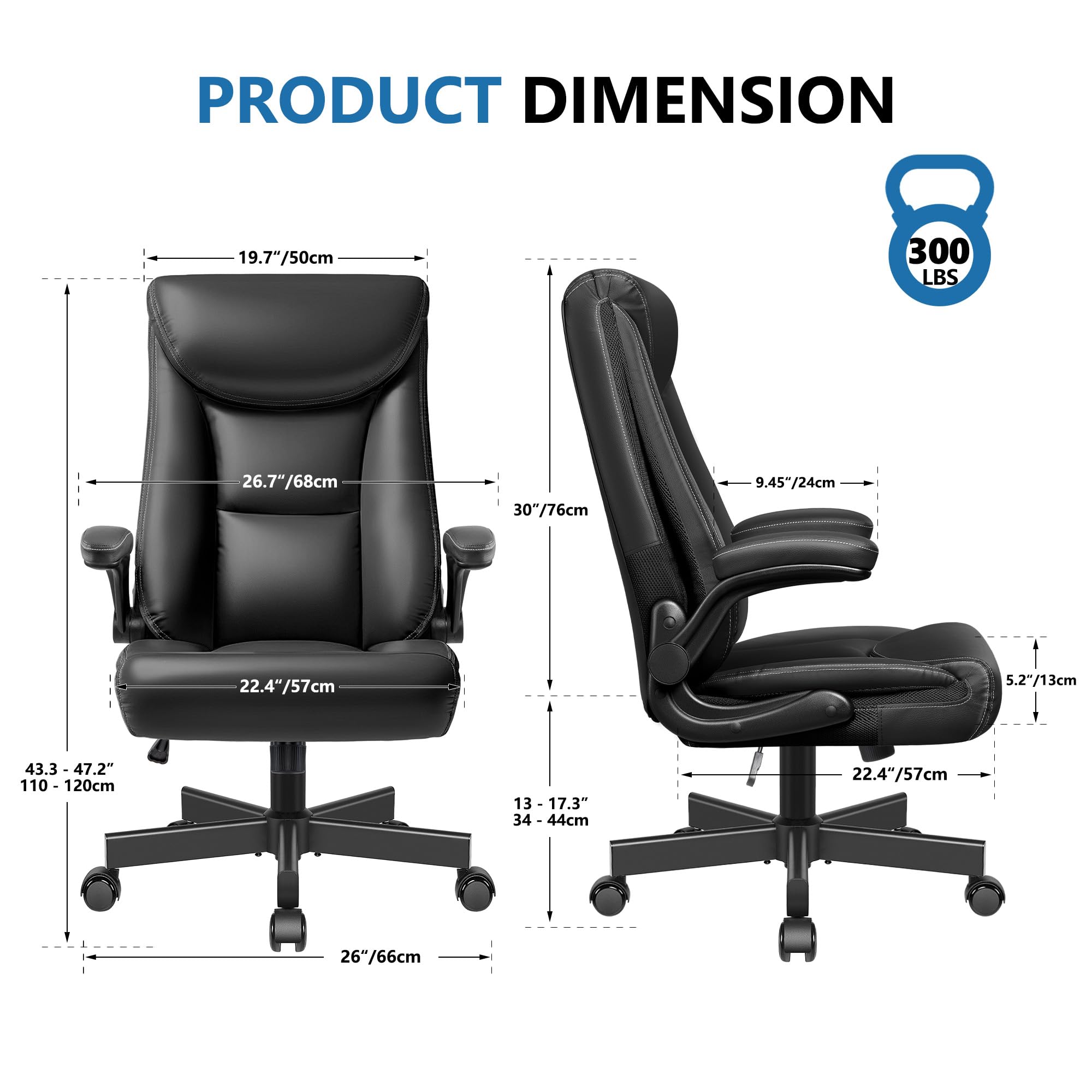 Premium Ergonomic Executive Office Chair - High Back Leather Desk Chair with Adjustable Flip-Up Arms, Lumbar Support & Rocking Function for Big & Tall Users (Black) - Perfect for Home Office, Gaming & Professional Workspaces
