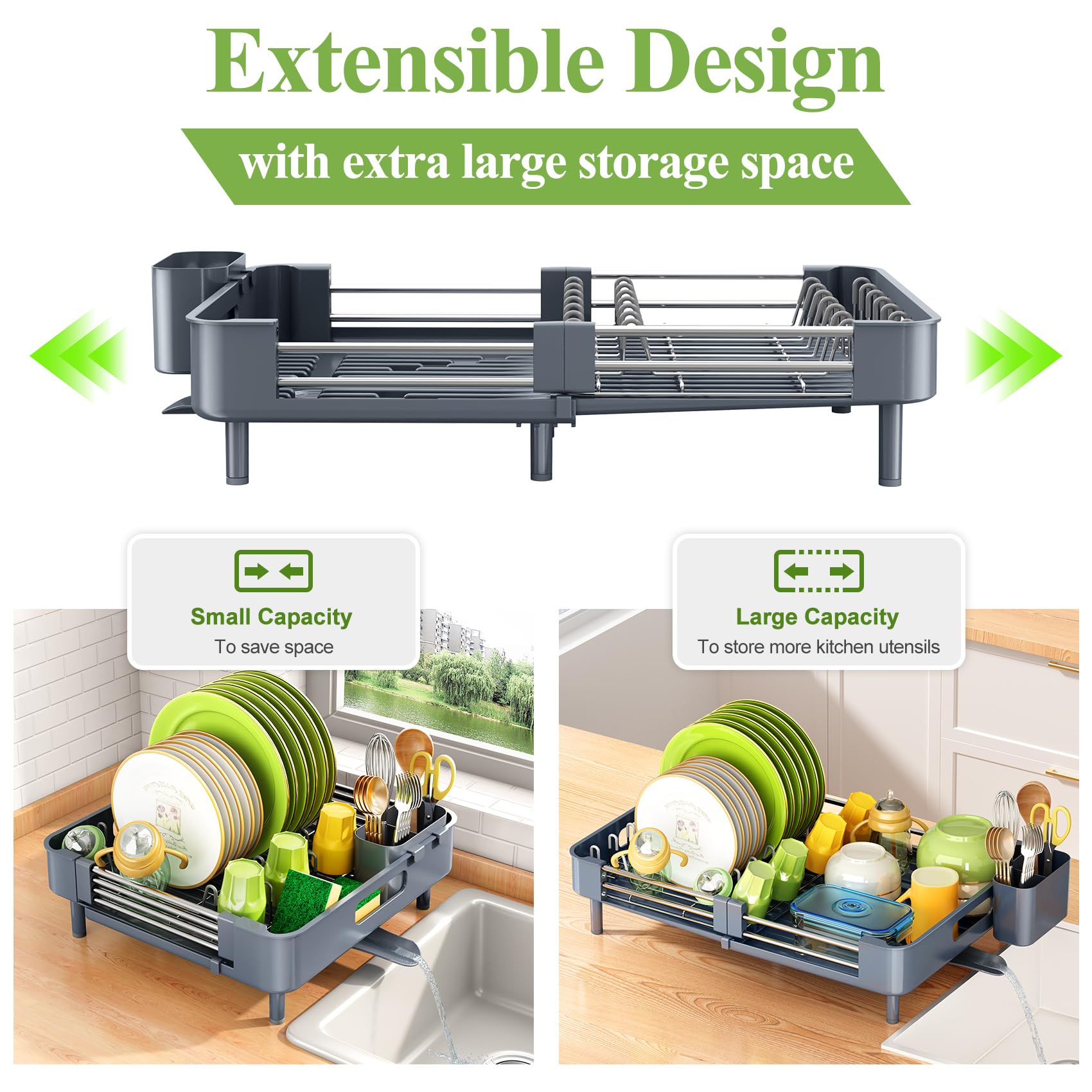 Stainless Steel Expandable Dish Drying Rack for Kitchen Counter - Large Dish Drainer with Utensil Holder, Space-Saving Grey Dish Rack - Perfect for Small Kitchens, Apartments & Dorm Rooms