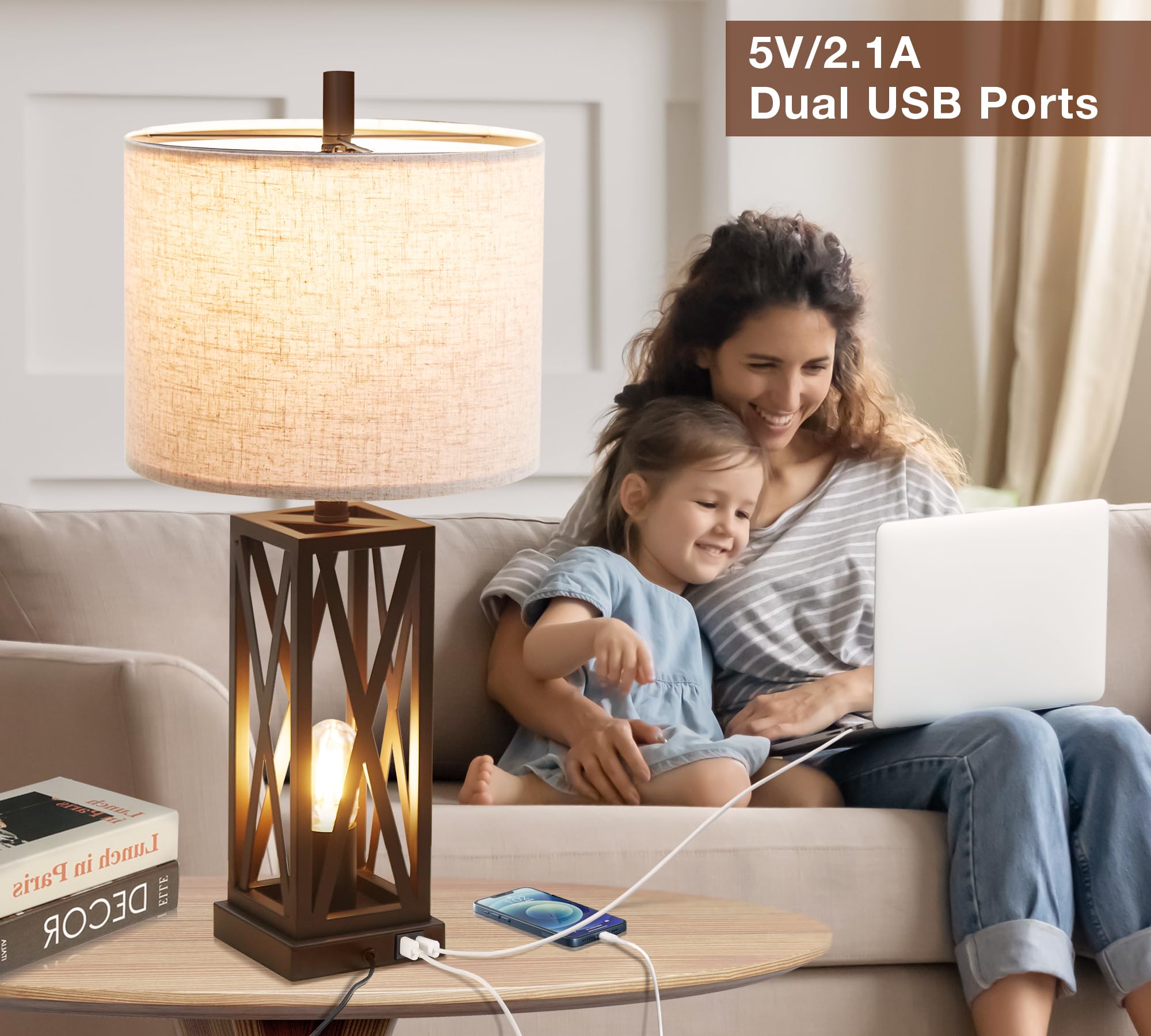 Set of 2 Modern Dimmable Bedside Lamps with USB Ports - 3-Way Touch Control Rustic Farmhouse Table Lamps for Bedroom, Living Room, Office - Includes 4 Warm White Bulbs (Brown Wood Finish) - Perfect for Night Reading, Home Decor & Gift Giving