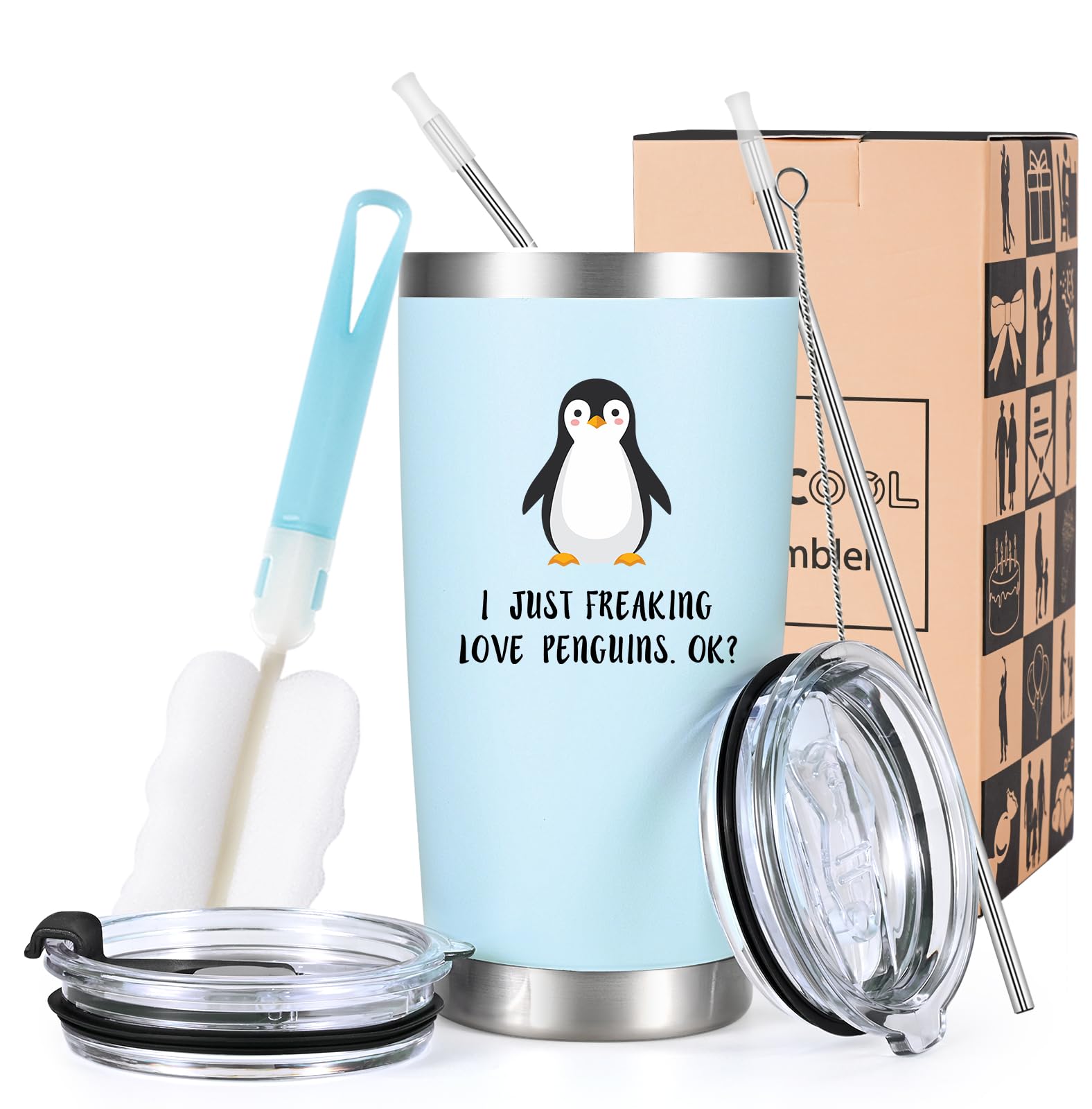 LiqCool 20oz Stainless Steel Tumbler with Lid & Straw - Cute Penguin Design Gift for Women & Men - Perfect Christmas, Birthday Present for Penguin Lovers - Light Blue Insulated Cup for Coffee, Tea & Cold Drinks at Home, Office or Travel