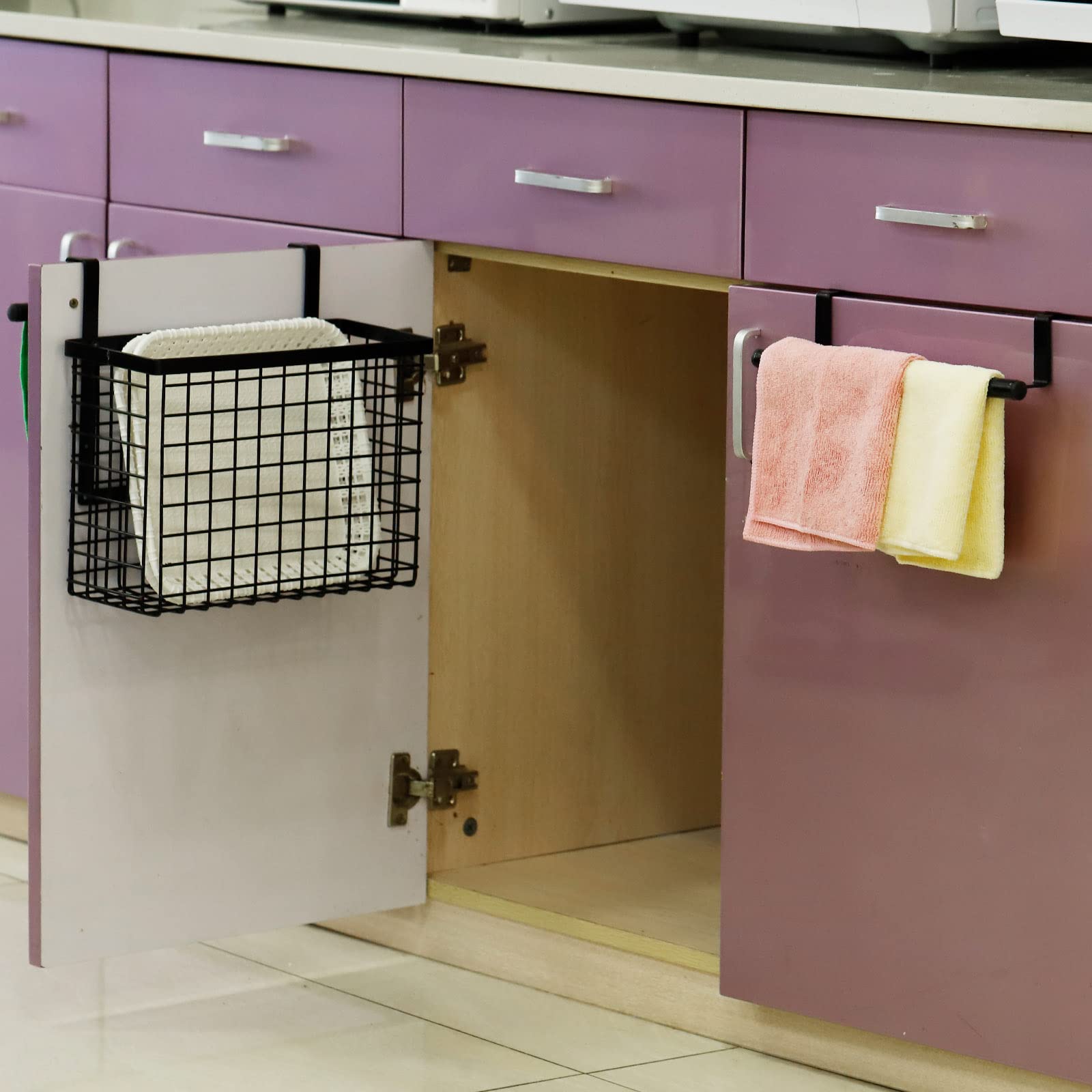 uxcell 2-Pack Black Metal Wire Cabinet Door Organizer with Towel Bar & Hooks - Space-Saving Kitchen, Pantry & Bathroom Storage Solution for Cutting Boards, Utensils & Towels