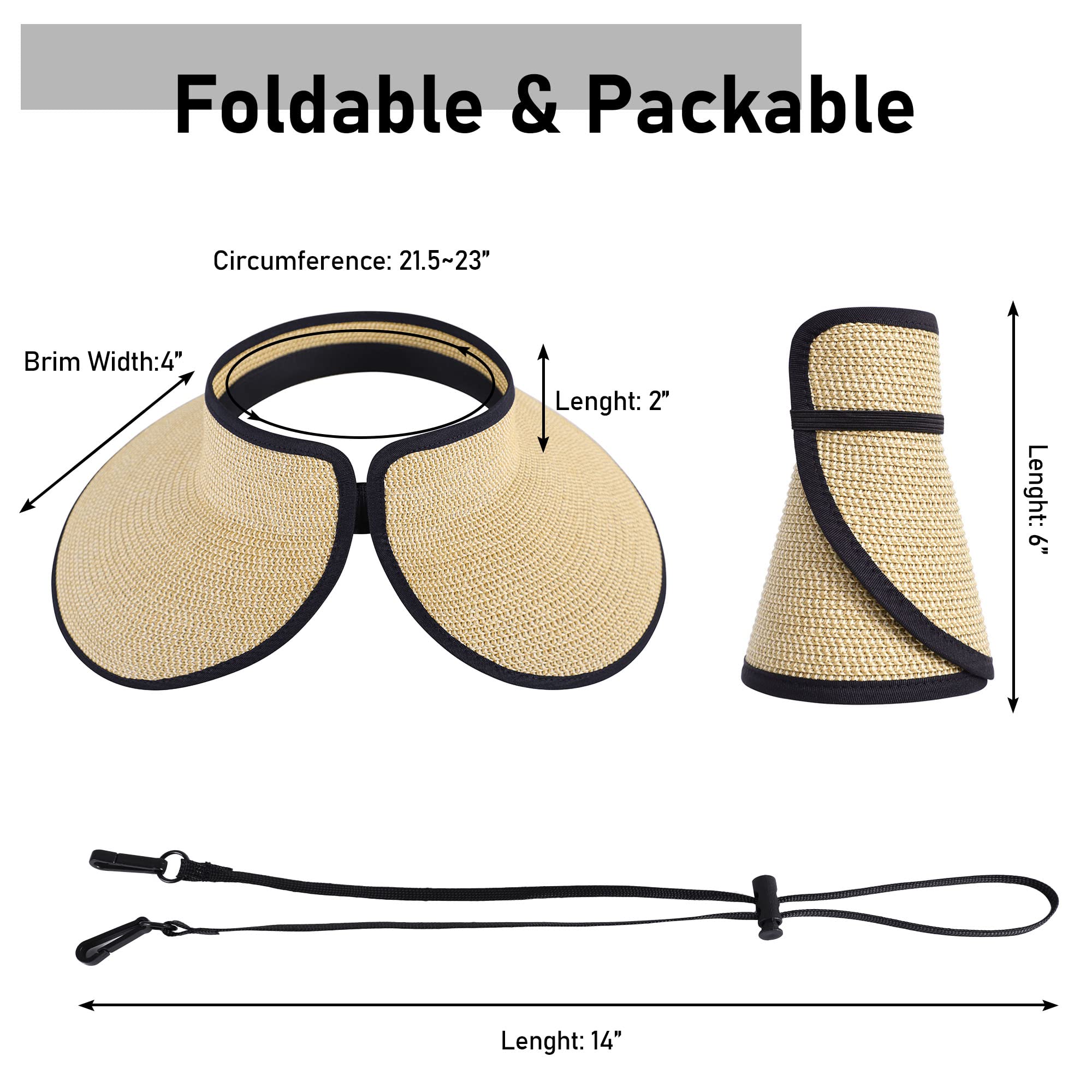 Women's Foldable Wide Brim Straw Sun Hat - UPF 50+ Summer Beach Hat for Women, Packable Travel Sun Visor for Outdoor, Vacation, Pool Party and Gardening