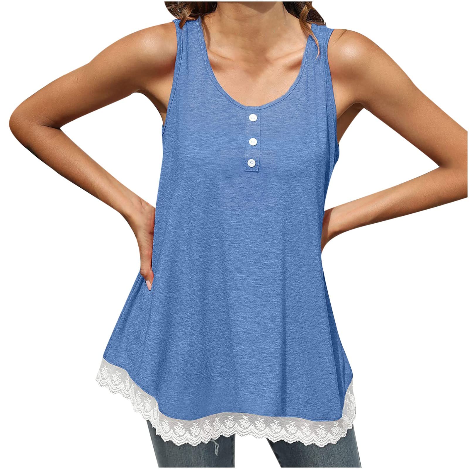 Women's Summer Lace Patchwork Sleeveless Tank Top - Solid Color Button Front Camisole for Beach, Vacation & Casual Wear | Breathable Ladies Blouse for Hot Weather