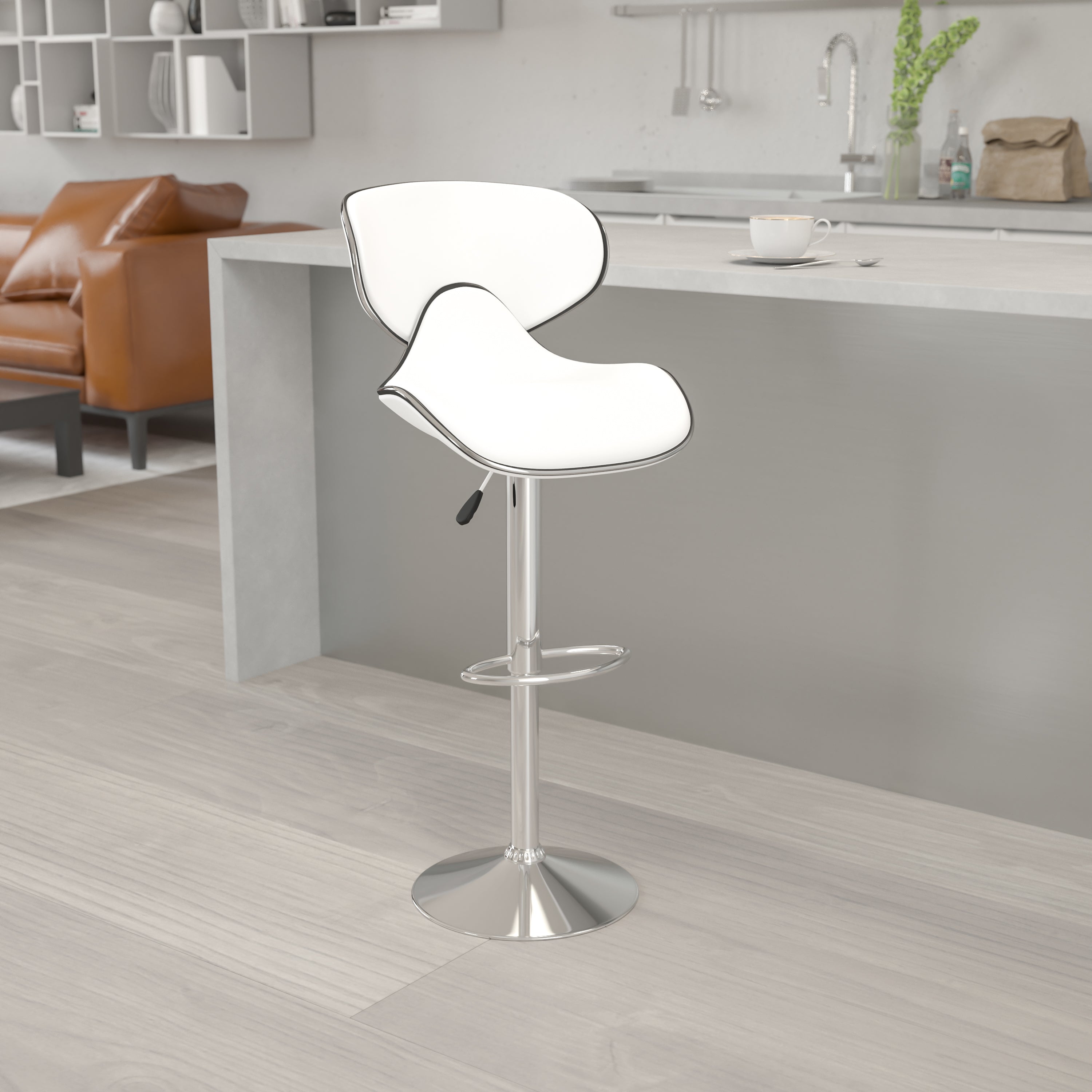 Devin Contemporary Adjustable Height Barstool - Black Vinyl Upholstery, Chrome Base - Modern Kitchen Island & Home Bar Stool for Dining & Entertaining