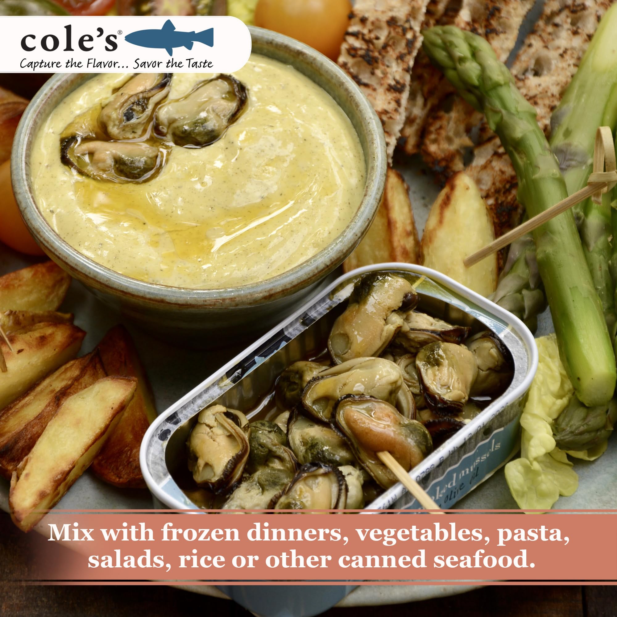 Cole's Patagonian Smoked Mussels in Lemon & Garlic Olive Oil | 4oz Canned Seafood | High Protein (14g per Can) | Pack of 5 | Perfect for Salads, Pasta & Charcuterie Boards