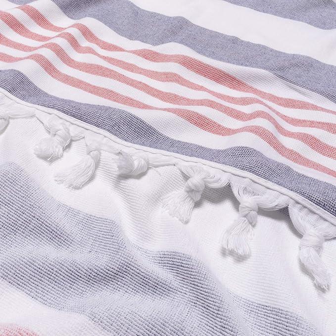Premium Coastal Resort Stripe Fouta 2-Piece Beach Towel Set with Tassels | Soft Absorbent Quick-Dry Towels for Pool, Beach, Vacation & Spa | Stylish Summer Accessory