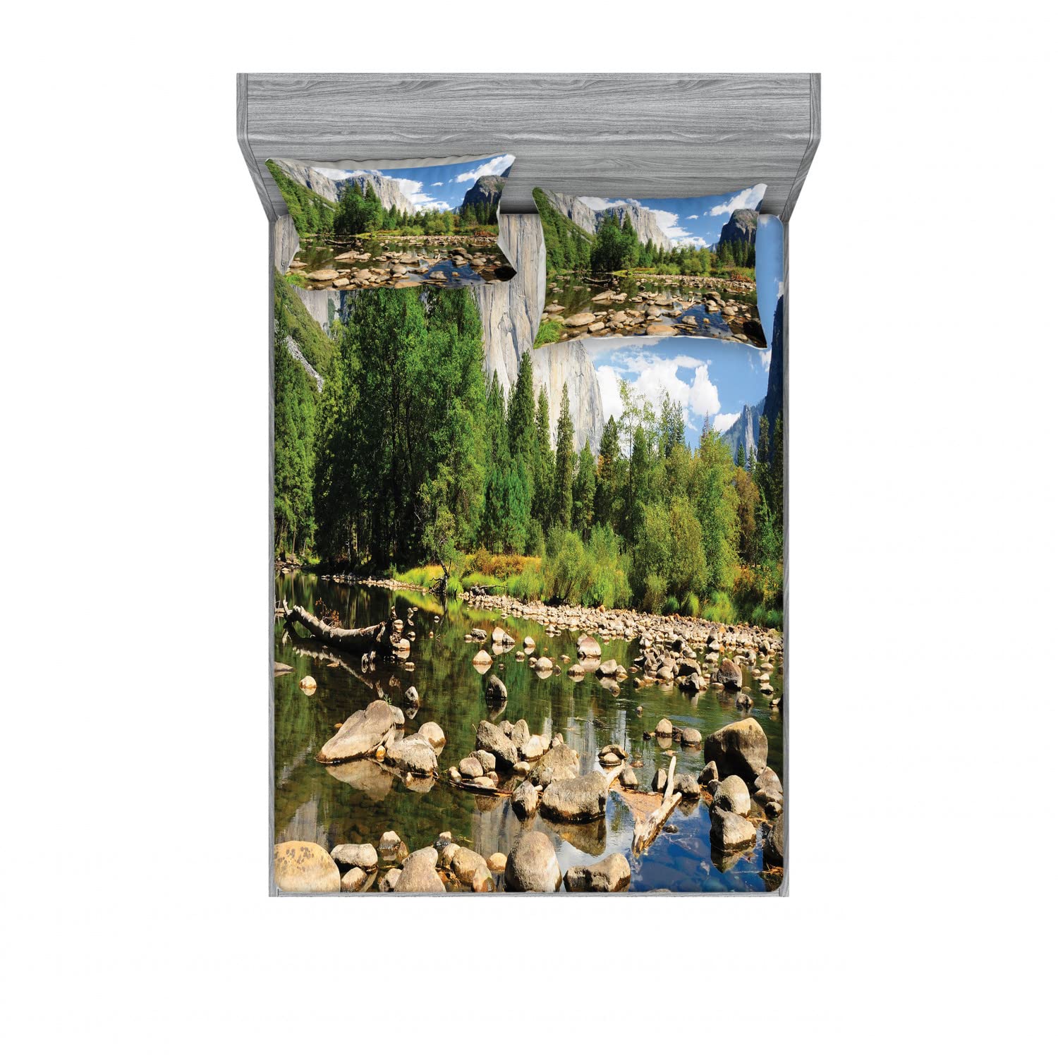 Ambesonne 2-Pack Queen Size Fitted Sheet Set with 4 Pillow Shams - Yosemite Forest River Design Green Blue Bedding - Soft Breathable Bed Sheets for Guest Room, Vacation Home & Camping Decor