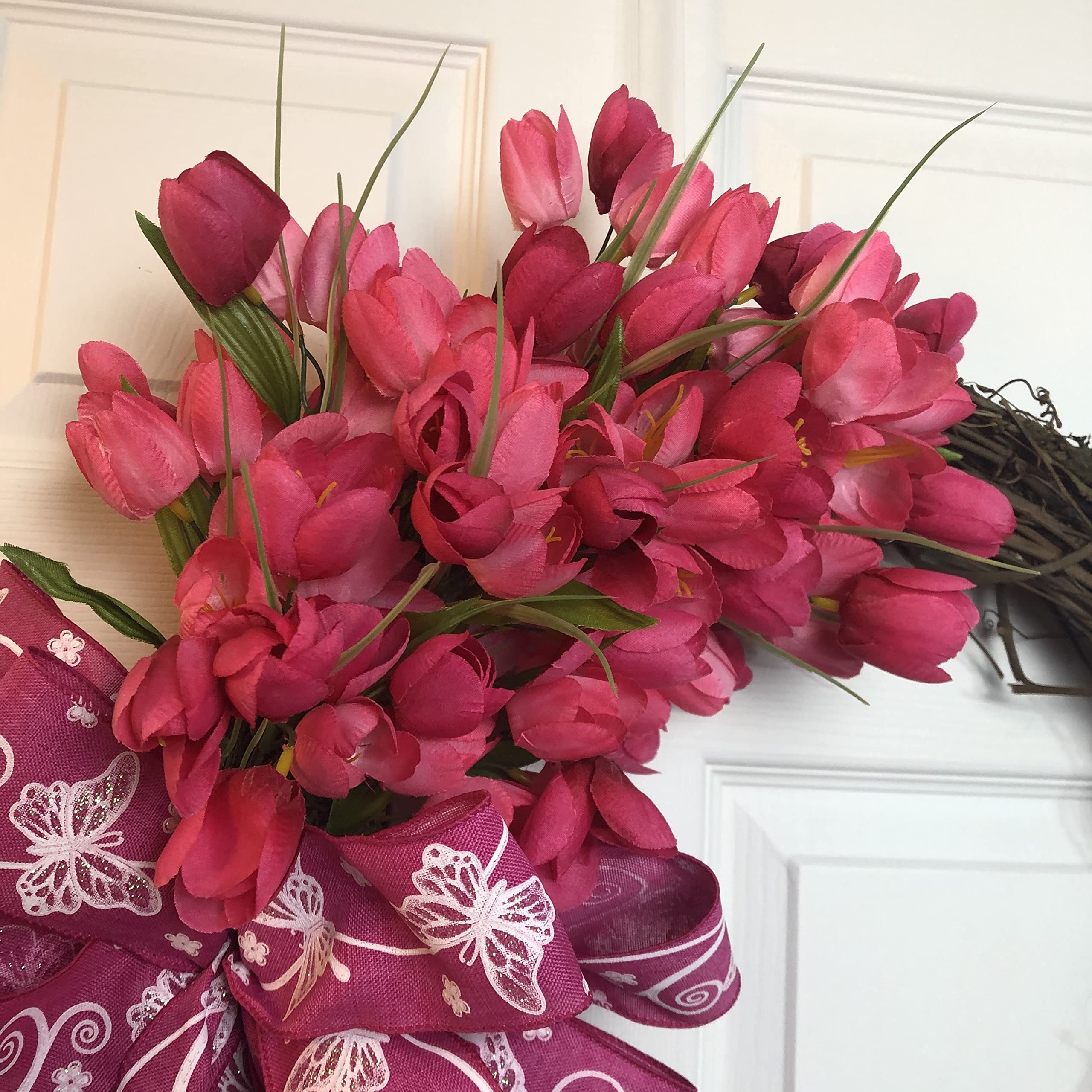 Pink Tulip Wreath with Butterfly Bow - Floral Spring Summer Door Decor for Home, Wedding, Party & Garden Decoration