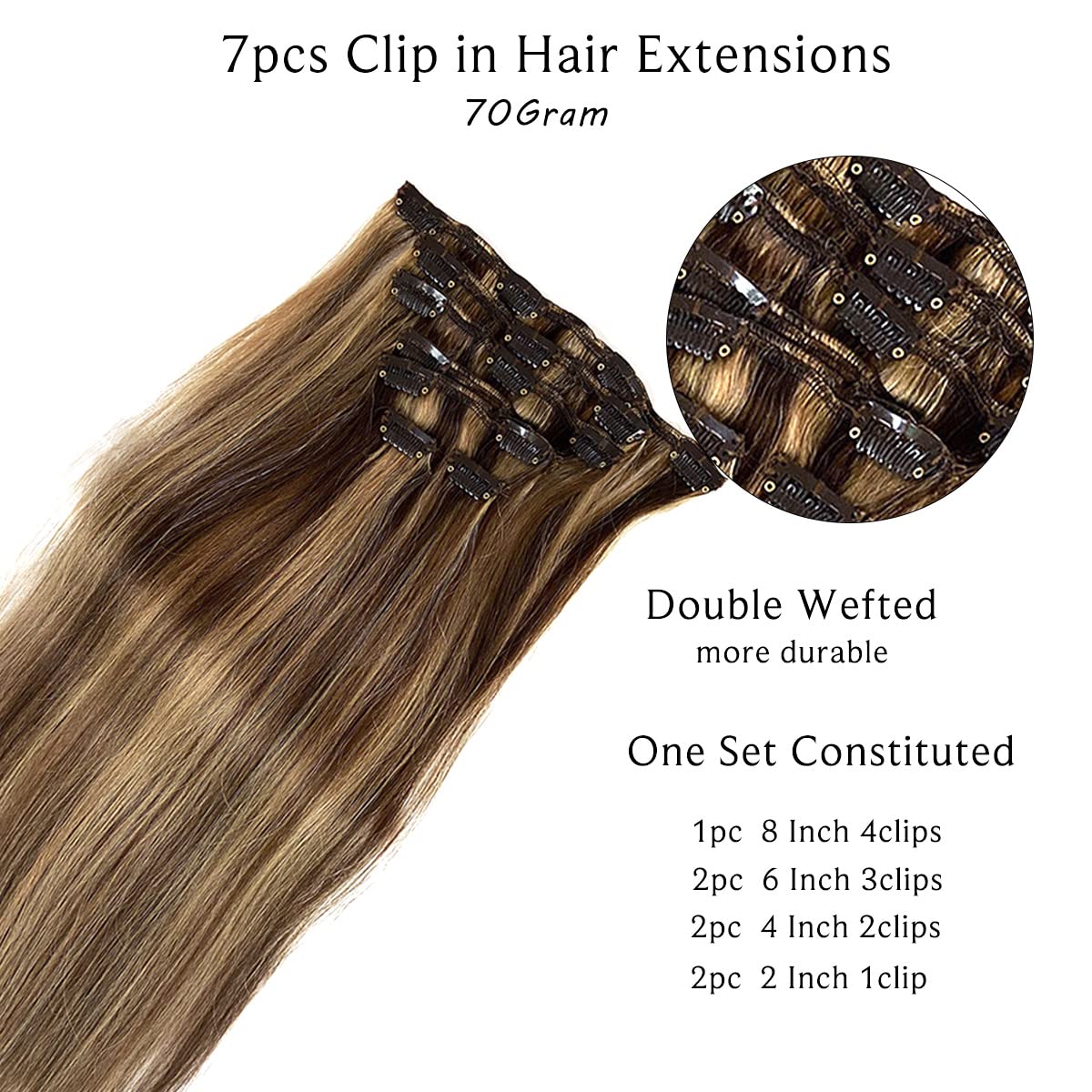 Clip In Remy Human Hair Extensions 20 Inch 7 Pieces 70g Straight Double Weft - Chocolate Brown to Caramel Blonde Highlights (#4P27) | Natural Looking Hair Extensions for Women | Perfect for Parties, Weddings & Everyday Styling