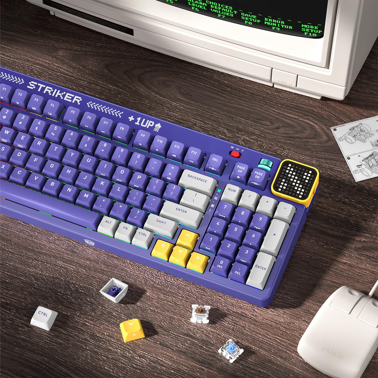 NYXI Striker Retro Mechanical Gaming Keyboard - 97 Keys, Bluetooth/2.4G/USB-C Hot Swappable, RGB Backlit with Display Screen, Gasket Structure for Win/Mac/iOS - Perfect for PC Gaming, Office Work & Streaming Setup