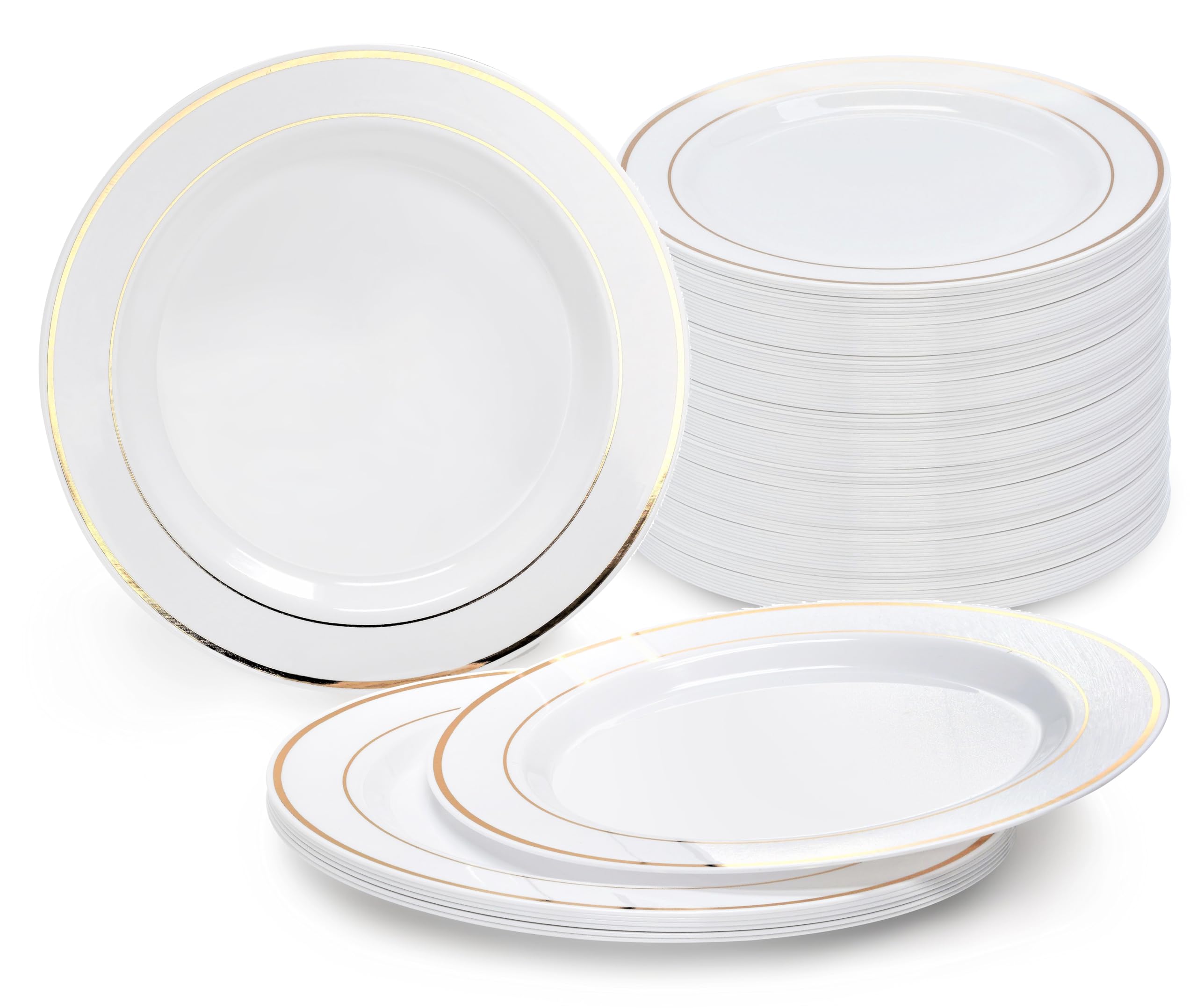 240 Pack Heavyweight Disposable Plastic Plates - 7.5'' Elegant White & Gold Rim Appetizer/Dessert Plates for Weddings, Parties, Catering & Special Events