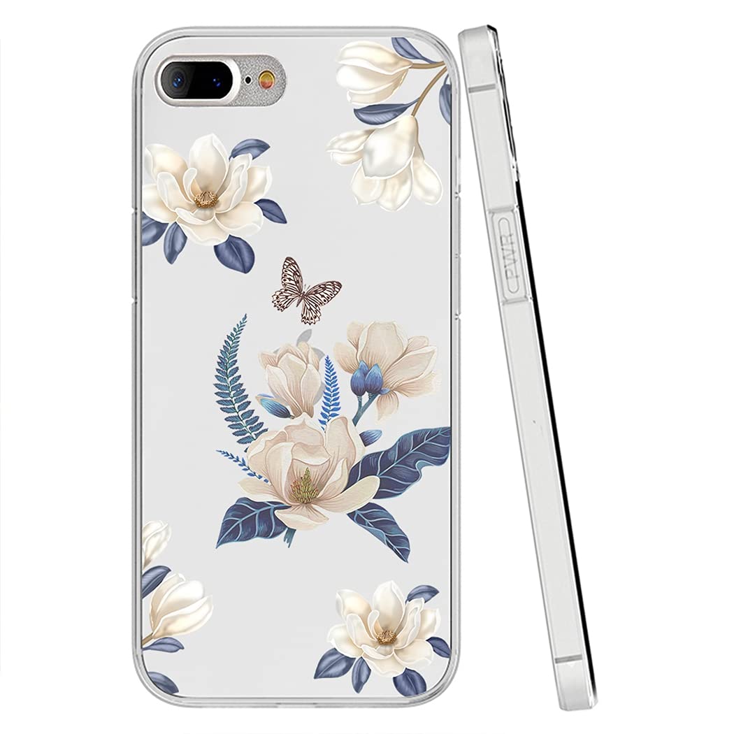 Premium Cute Clear Slim Shockproof TPU Rubber Phone Case for iPhone 7 Plus/8 Plus - Floral Design Protective Cover for Women & Girls - Perfect for Everyday Use, Work & Travel (White Flower Pattern)