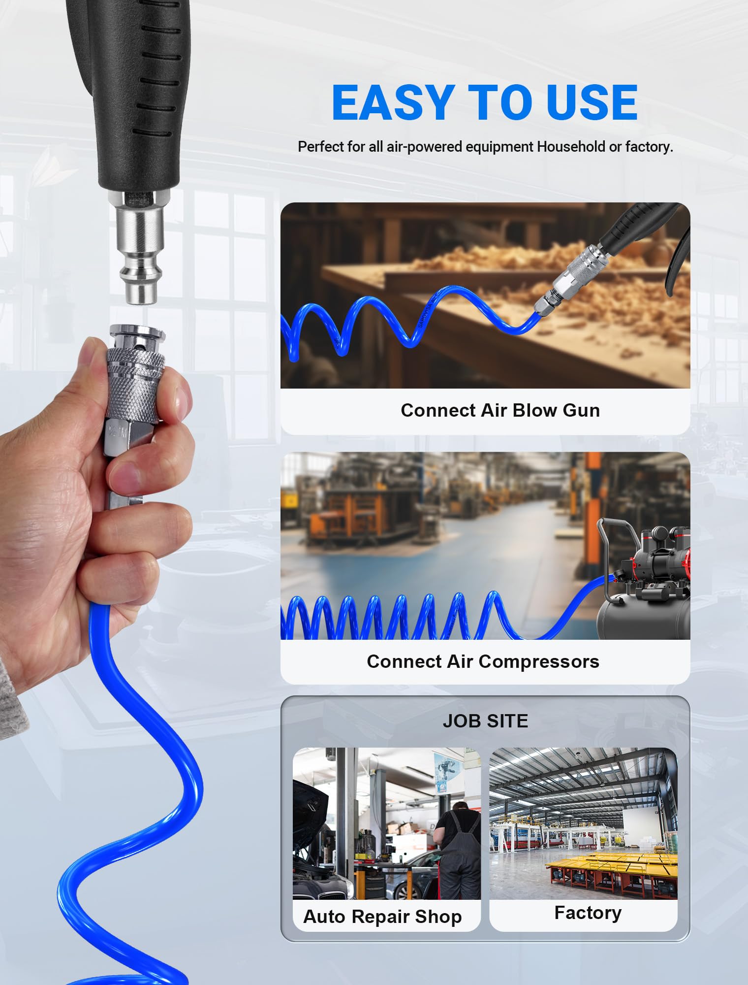 25 FT Repairable PU Recoil Air Hose - Heavy Duty Industrial Air Compressor Hose with 1/4