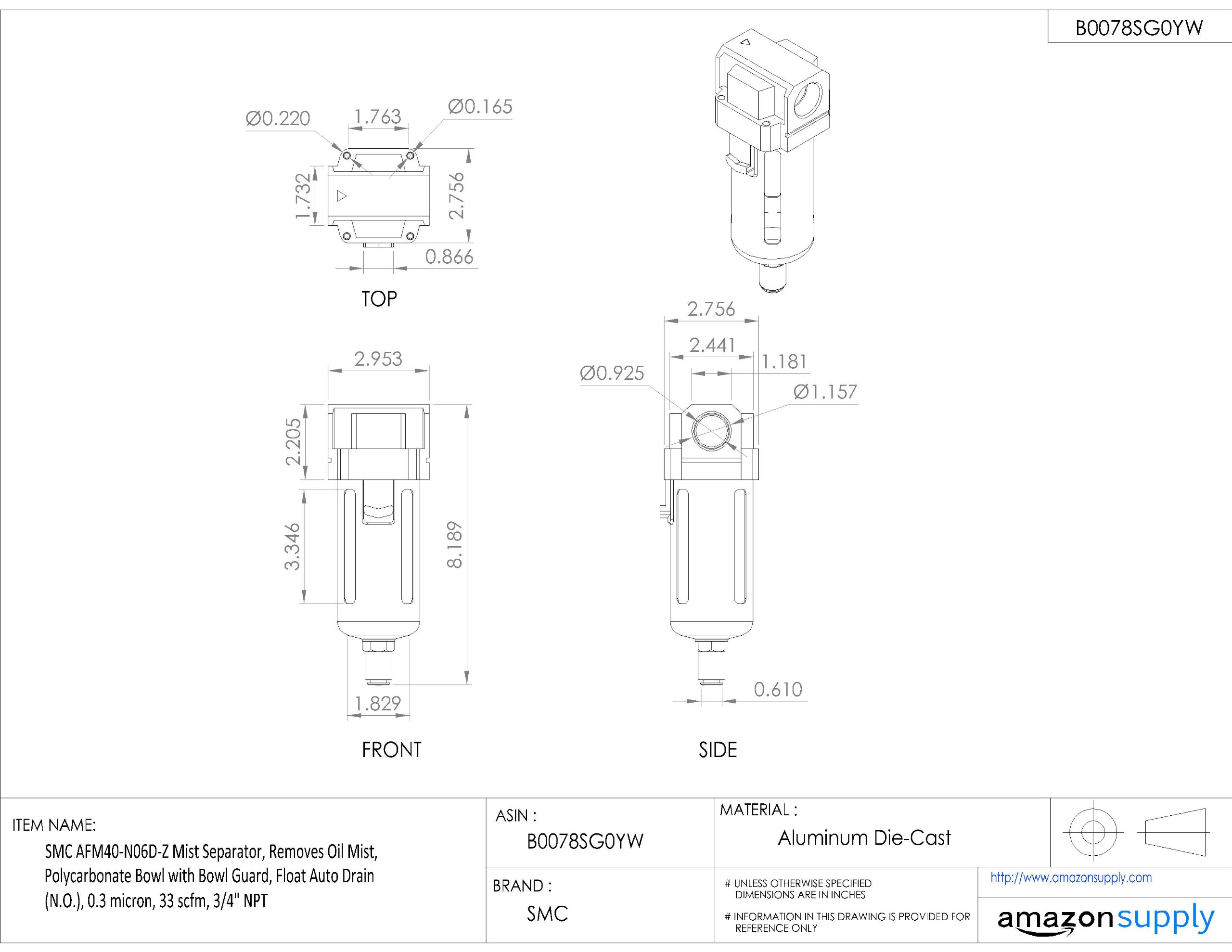 SMC AFM40-N06D-Z Oil Mist Separator - 0.3 Micron Filtration, 33 SCFM Flow Rate, Polycarbonate Bowl with Guard, 3/4