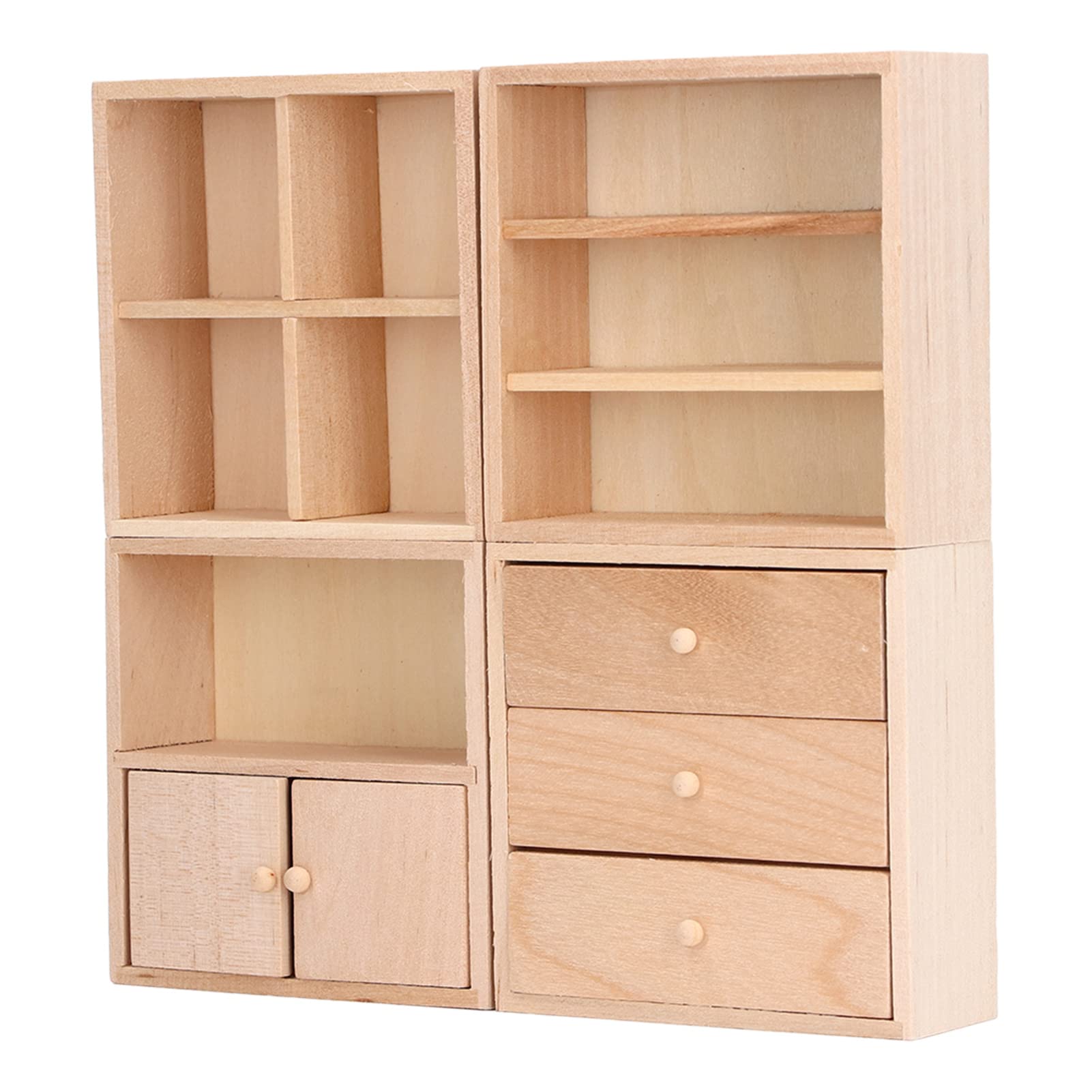 1/12 Scale Miniature Wooden Dollhouse Cabinet Set - 4 Pcs Dollhouse Furniture with Shelves for DIY Dollhouse Decor & Miniature Room Scenes